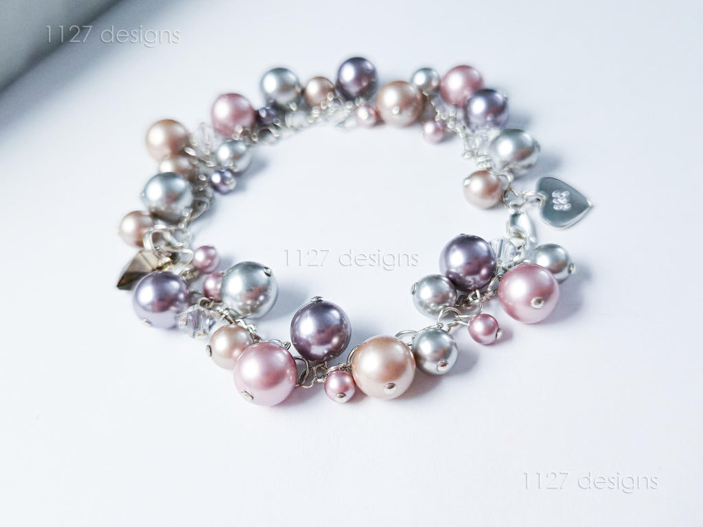 Swarovski Pearl & Heart Crystal Handmade Cluster Bracelet • Pink Taupe Mauve • 925 Sterling Silver Heart Chain • 1127 Designs