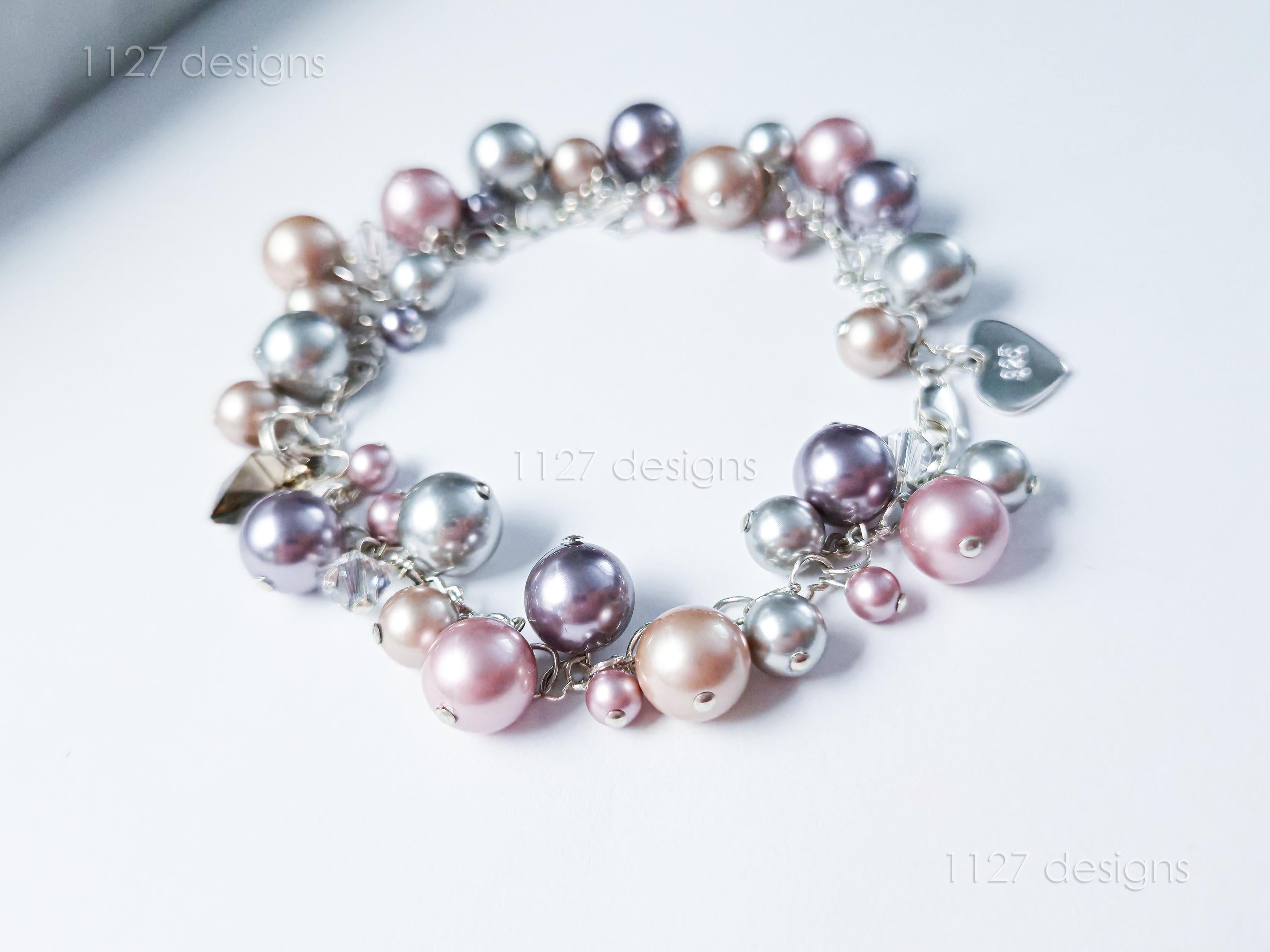 Swarovski Pearl & Heart Crystal Handmade Cluster Bracelet • Pink Taupe Mauve • 925 Sterling Silver Heart Chain • 1127 Designs