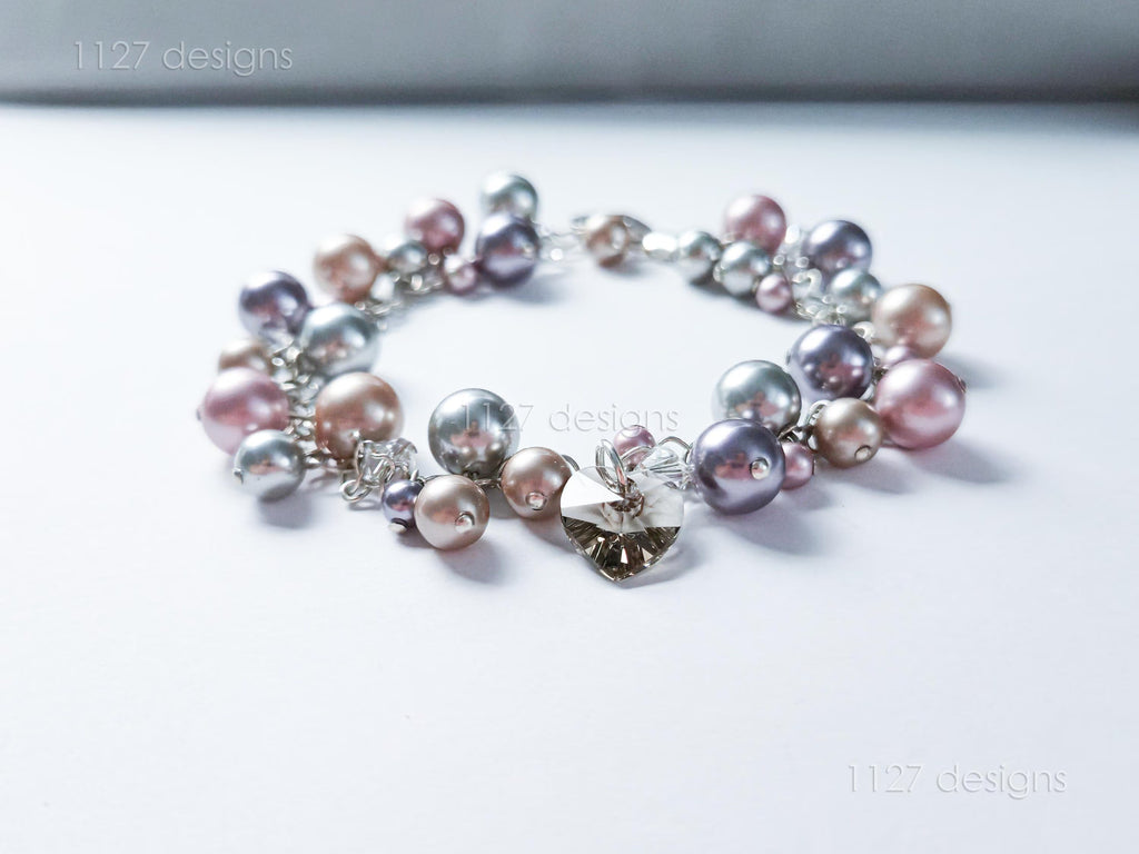 Swarovski Pearl & Heart Crystal Handmade Cluster Bracelet • Pink Taupe Mauve • 925 Sterling Silver Heart Chain • 1127 Designs