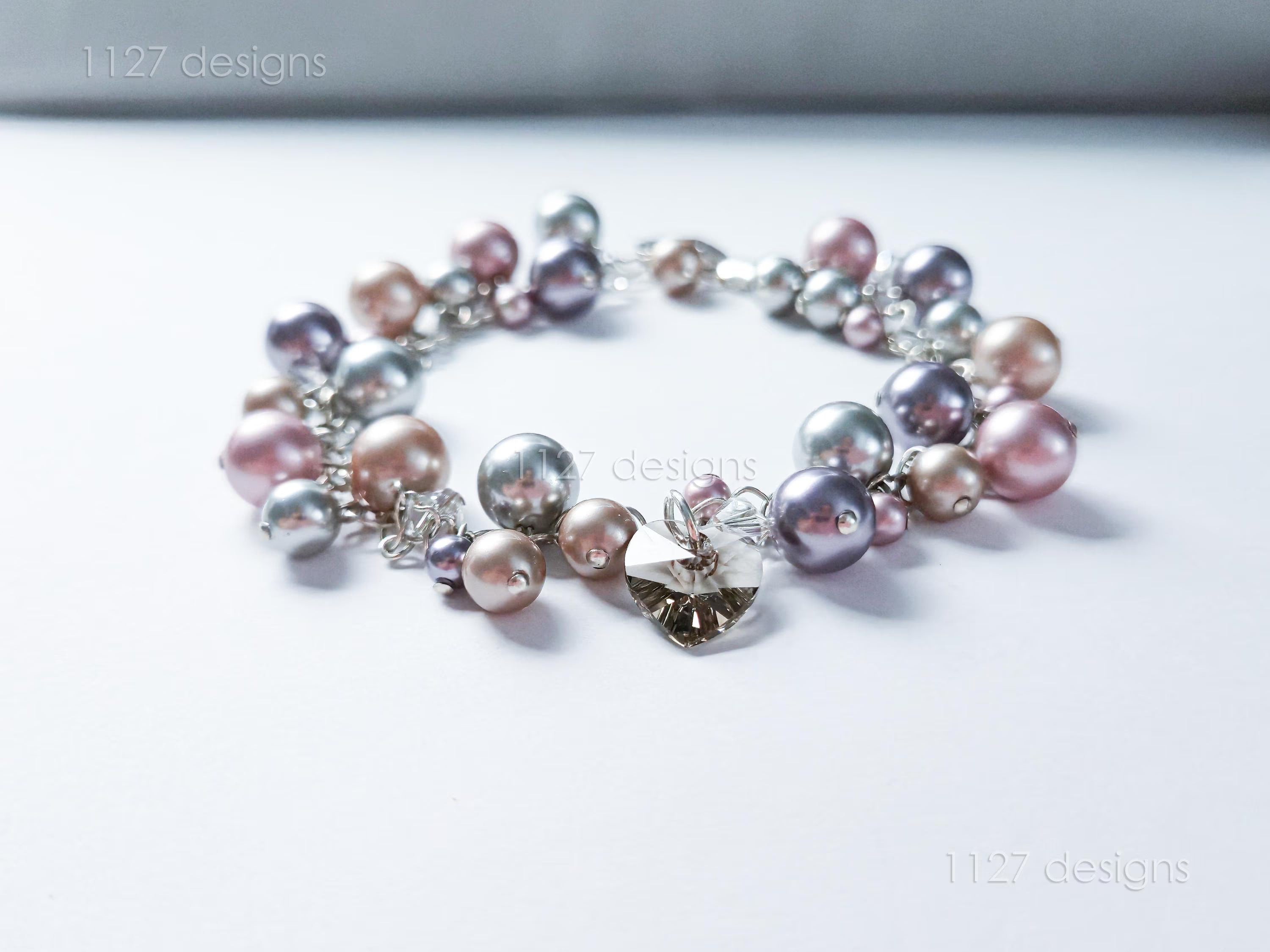 Swarovski Pearl & Heart Crystal Handmade Cluster Bracelet • Pink Taupe Mauve • 925 Sterling Silver Heart Chain • 1127 Designs