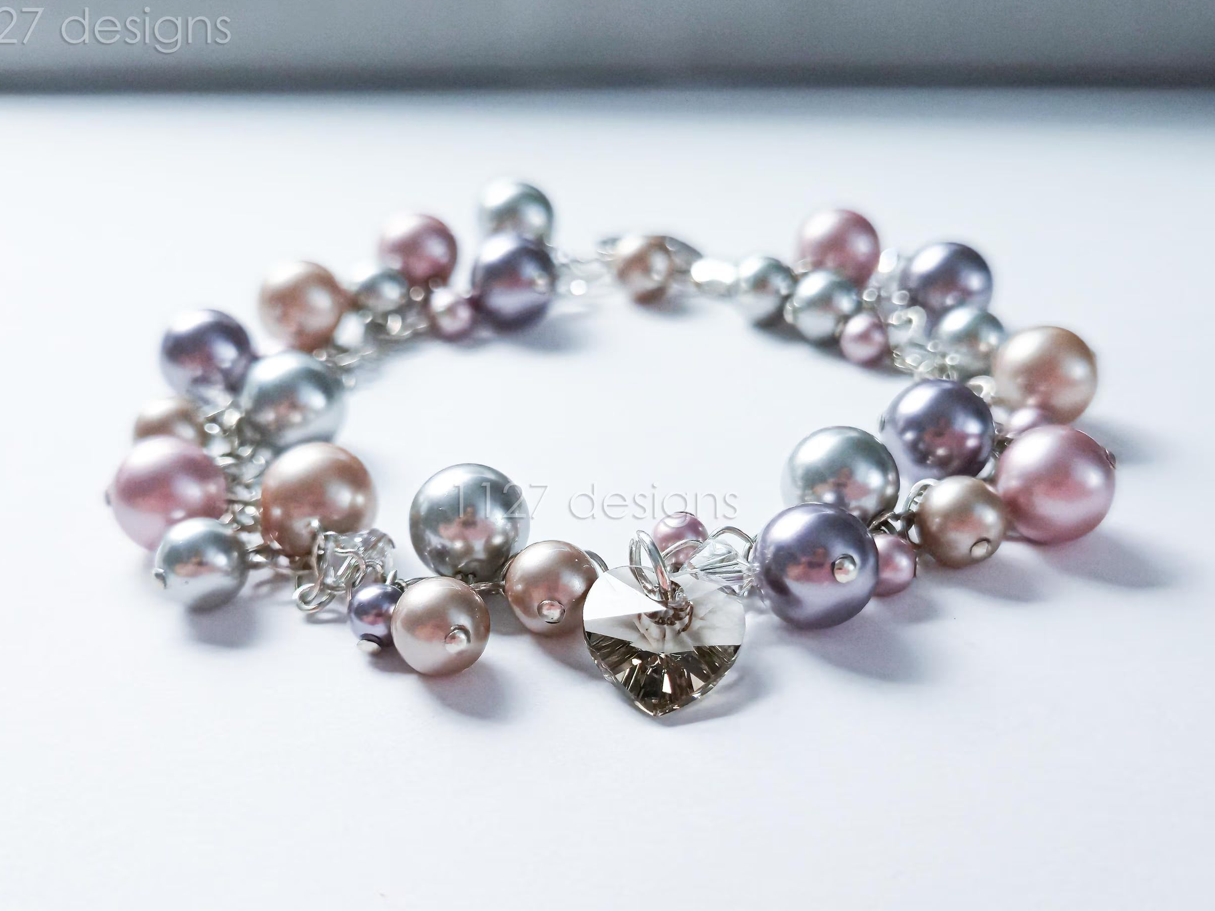 Swarovski Pearl & Heart Crystal Handmade Cluster Bracelet • Pink Taupe Mauve • 925 Sterling Silver Heart Chain • 1127 Designs