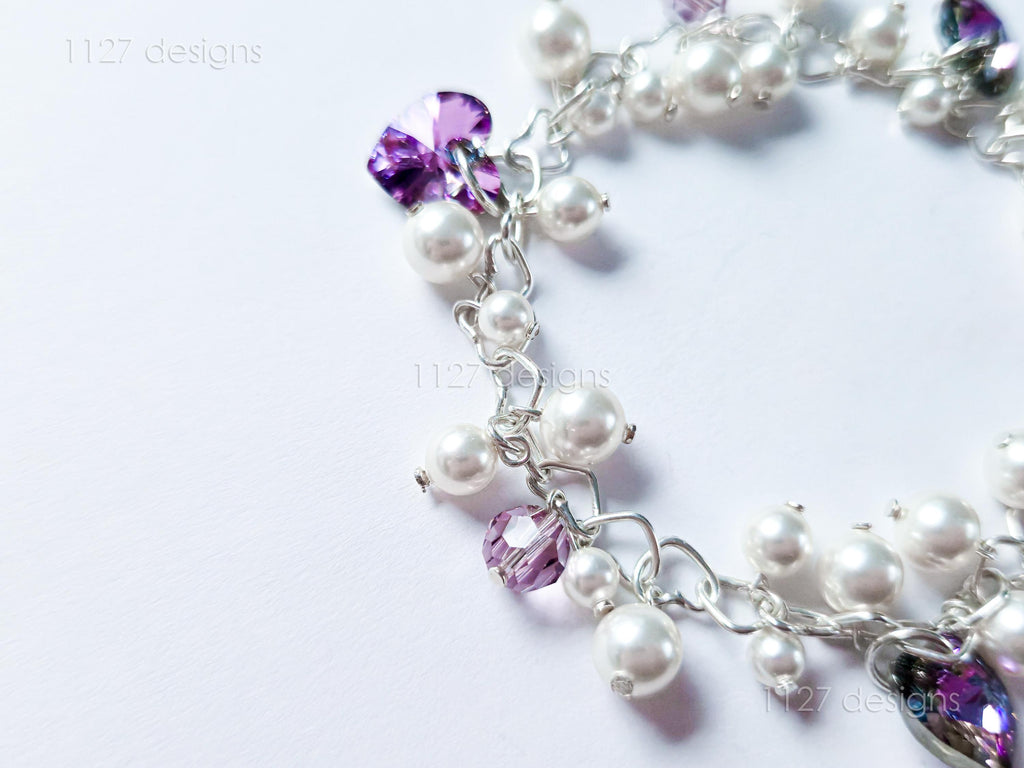 Swarovski White Pearl & Crystal Handmade Cluster Bracelet • Vitrail Light Heart Charms • 925 Sterling Silver • 1127 Designs