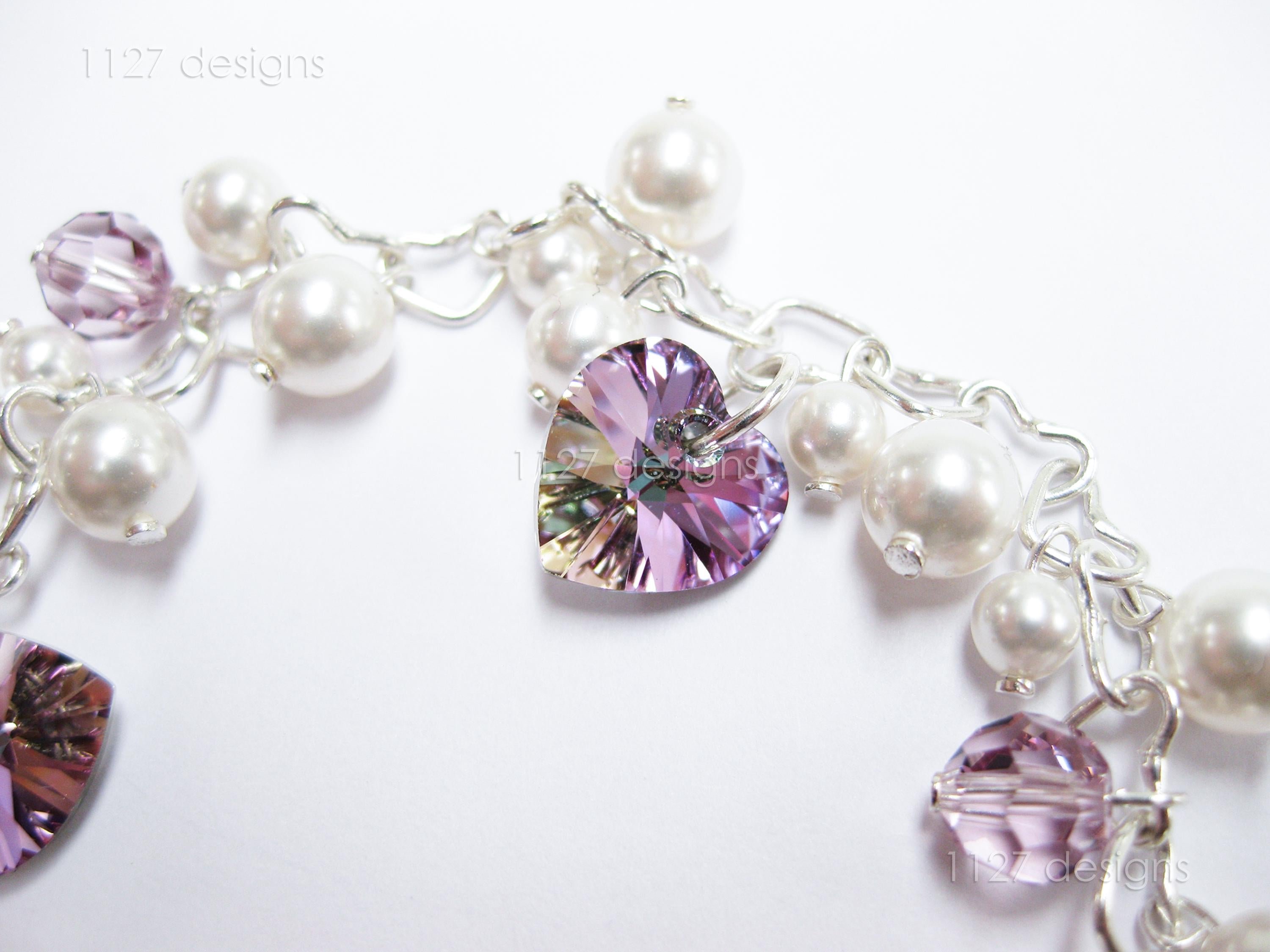 Swarovski White Pearl & Crystal Handmade Cluster Bracelet • Vitrail Light Heart Charms • 925 Sterling Silver • 1127 Designs
