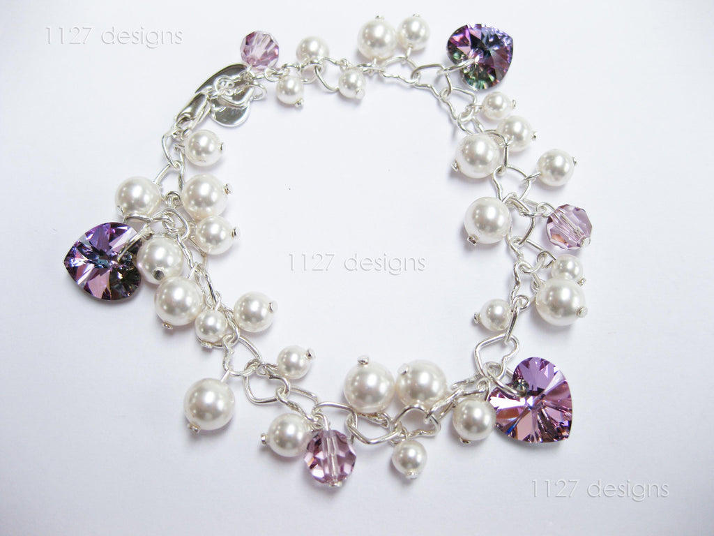 Swarovski White Pearl & Crystal Handmade Cluster Bracelet • Vitrail Light Heart Charms • 925 Sterling Silver • 1127 Designs