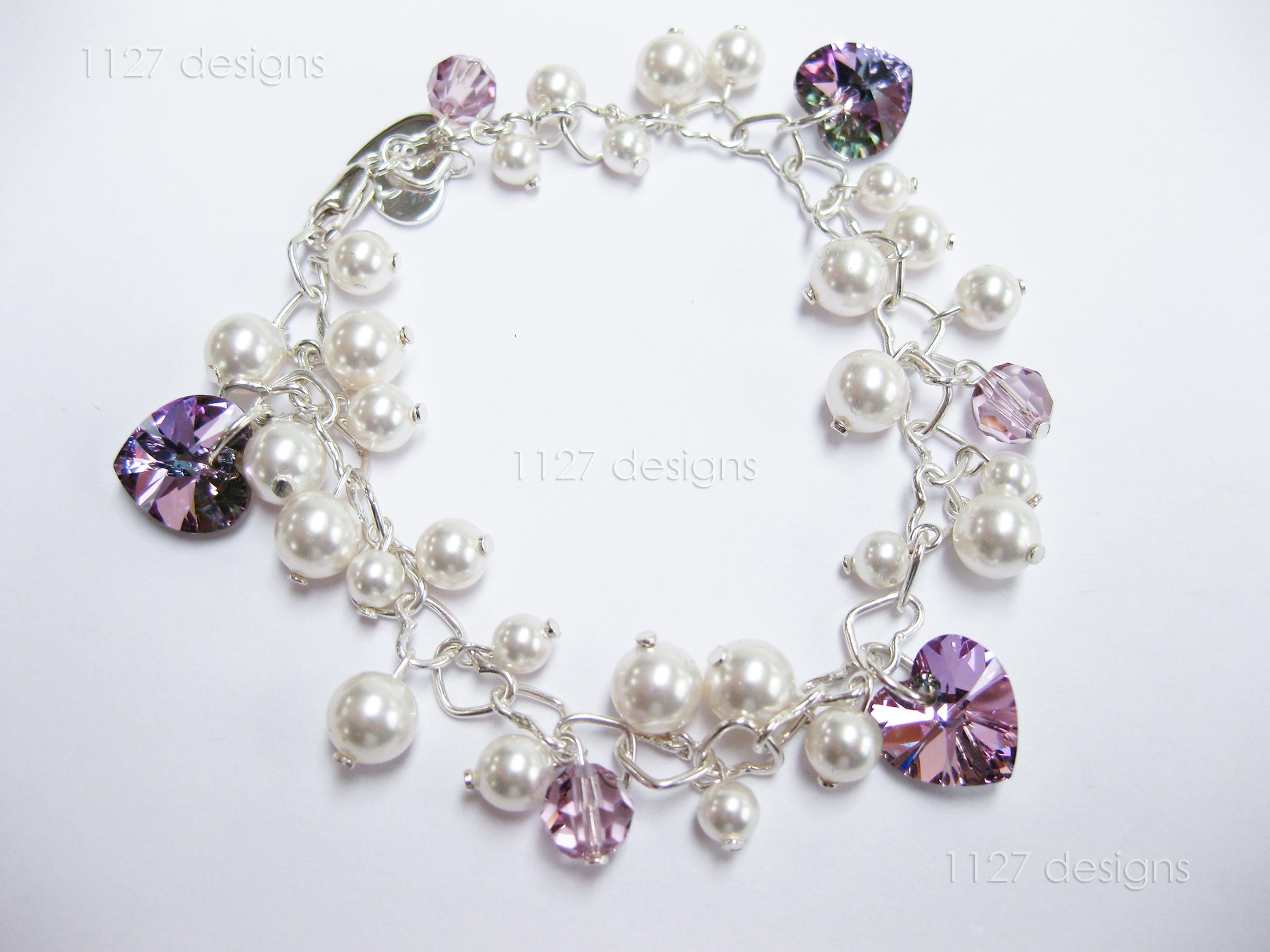 Swarovski White Pearl & Crystal Handmade Cluster Bracelet • Vitrail Light Heart Charms • 925 Sterling Silver • 1127 Designs