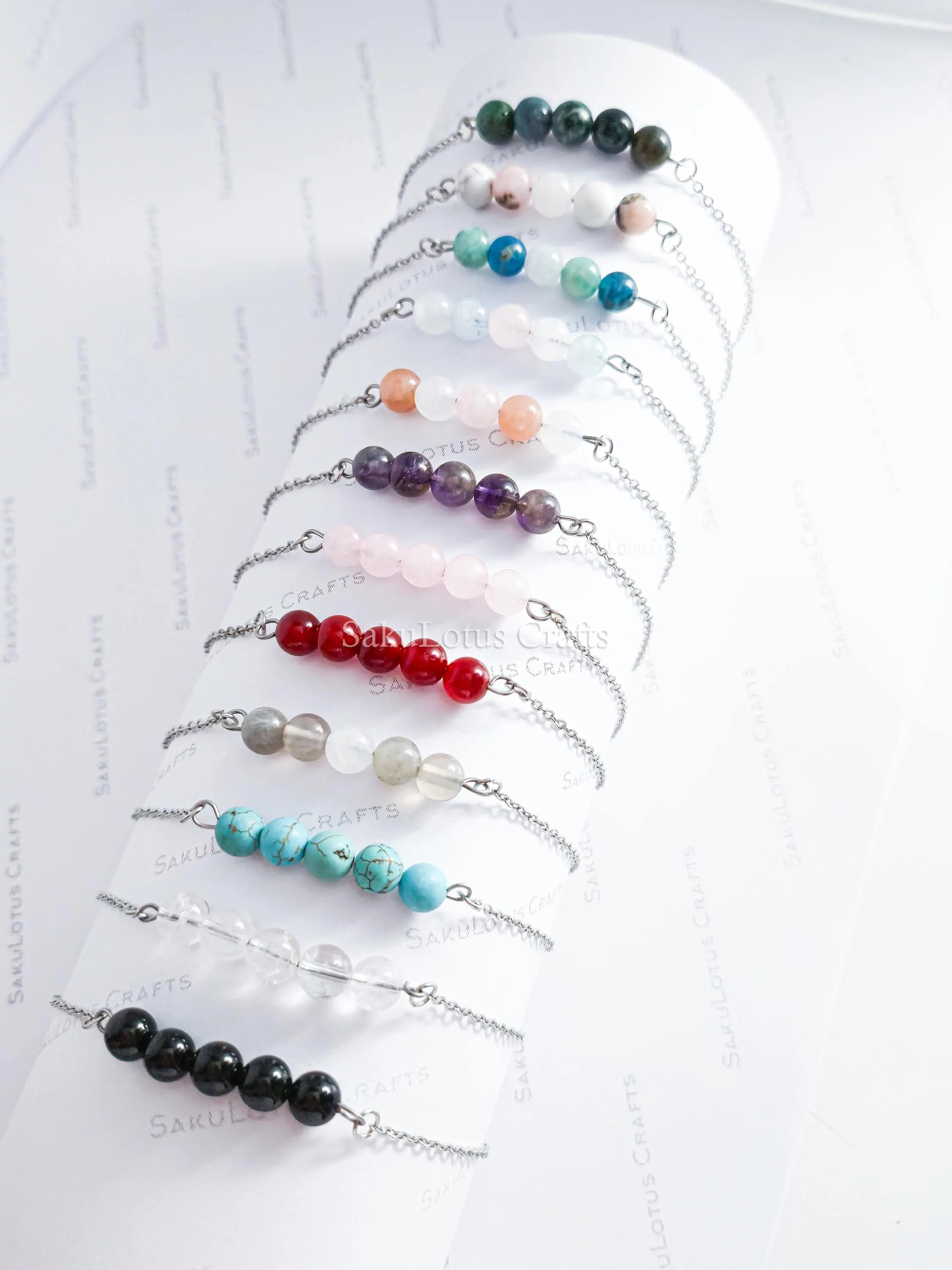 Dainty 5 Stone Natural Gemstone Bracelet • 6mm Beads • Stainless Steel Chain • Silver or 18K Gold • 7.5" + Extender