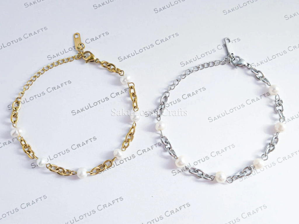 Natural Freshwater Pearl Bracelet • 6" Chunky Stainless Steel Chain • 18K Gold or Silver Finish • Adjustable Extender