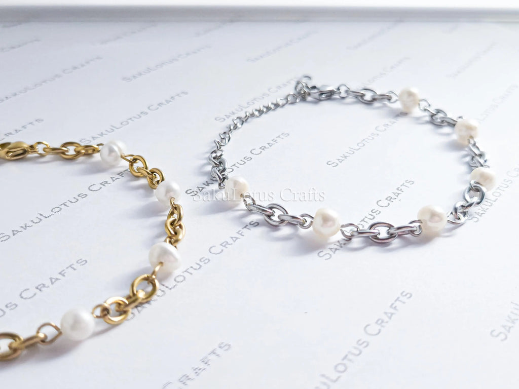 Natural Freshwater Pearl Bracelet • 6" Chunky Stainless Steel Chain • 18K Gold or Silver Finish • Adjustable Extender