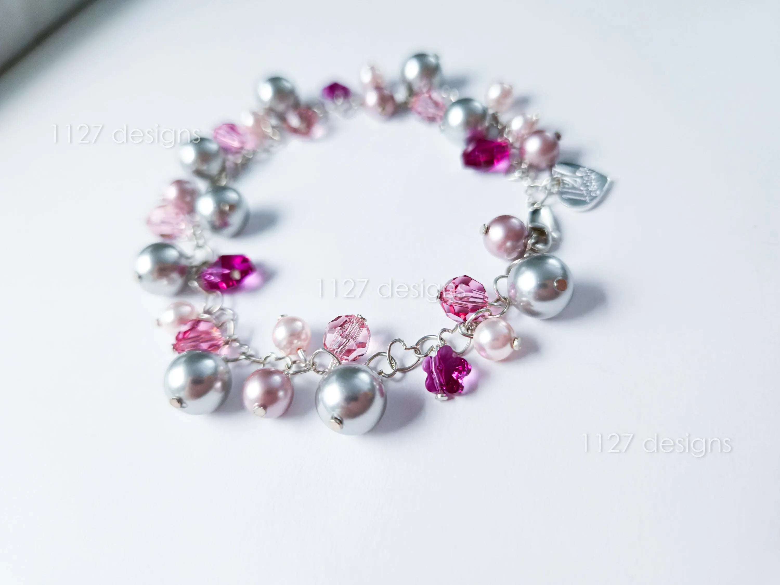 Pink Sakura Flower Swarovski Cluster Handmade Bracelet • Sterling Silver Heart Chain • Gift Jewelry • 1127 Designs