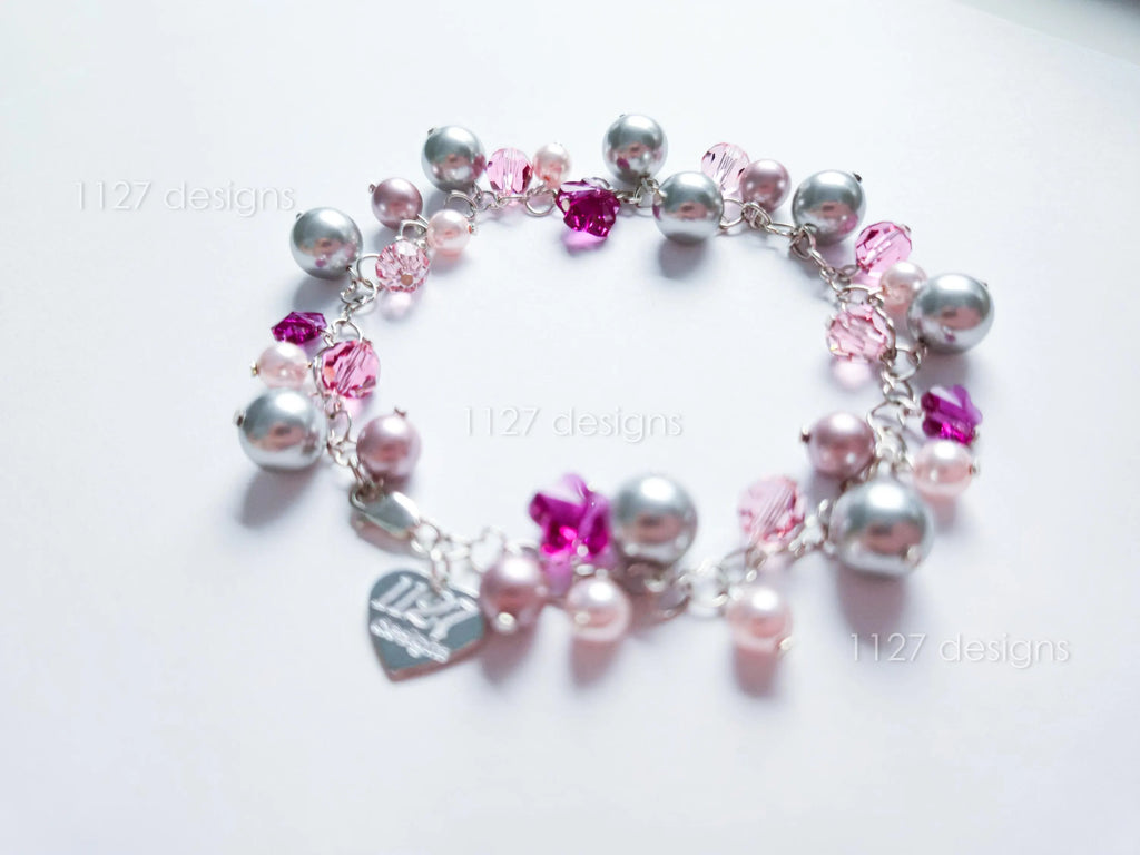 Pink Sakura Flower Swarovski Cluster Handmade Bracelet • Sterling Silver Heart Chain • Gift Jewelry • 1127 Designs