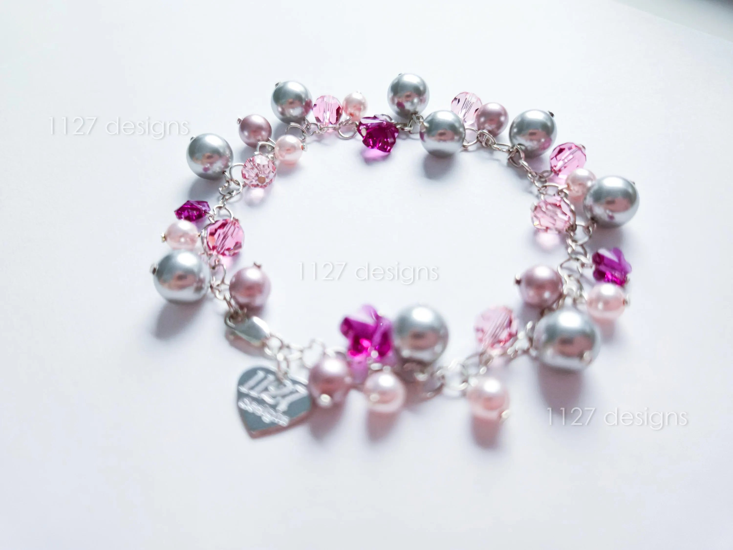 Pink Sakura Flower Swarovski Cluster Handmade Bracelet • Sterling Silver Heart Chain • Gift Jewelry • 1127 Designs