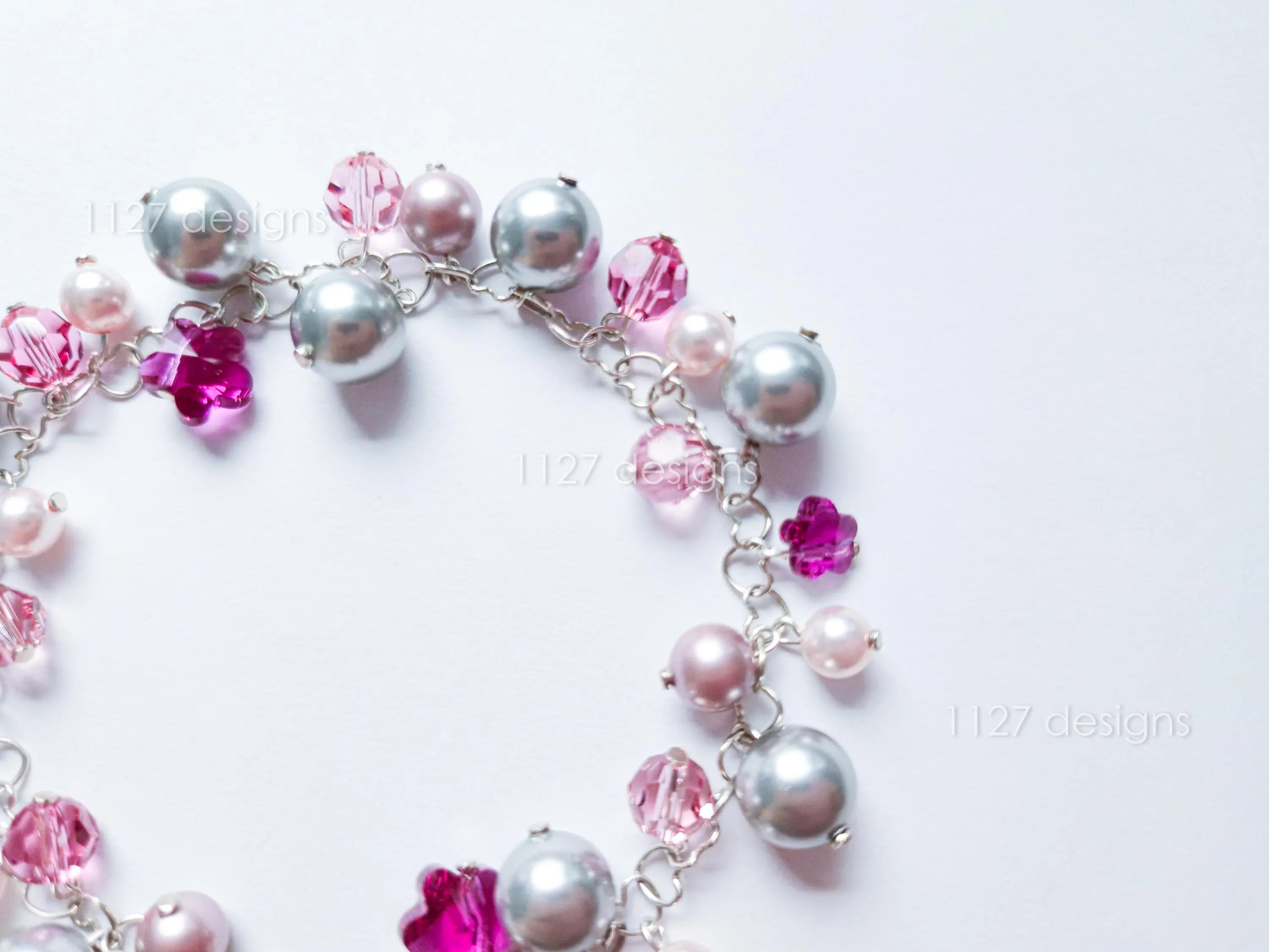 Pink Sakura Flower Swarovski Cluster Handmade Bracelet • Sterling Silver Heart Chain • Gift Jewelry • 1127 Designs