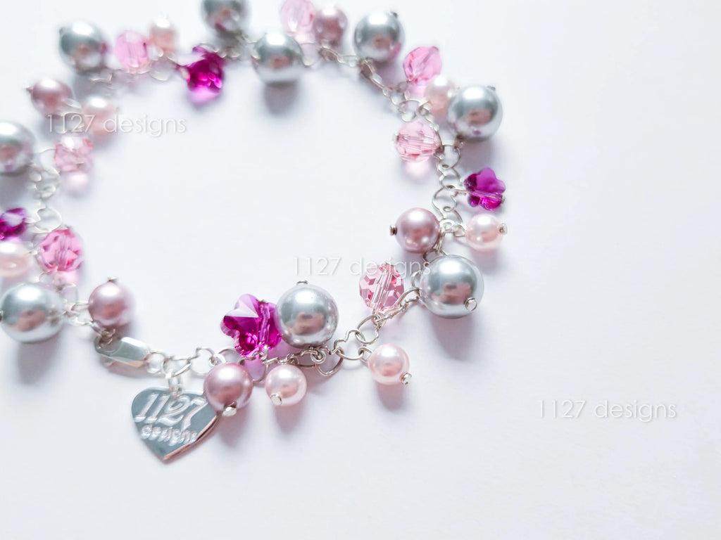Pink Sakura Flower Swarovski Cluster Handmade Bracelet • Sterling Silver Heart Chain • Gift Jewelry • 1127 Designs