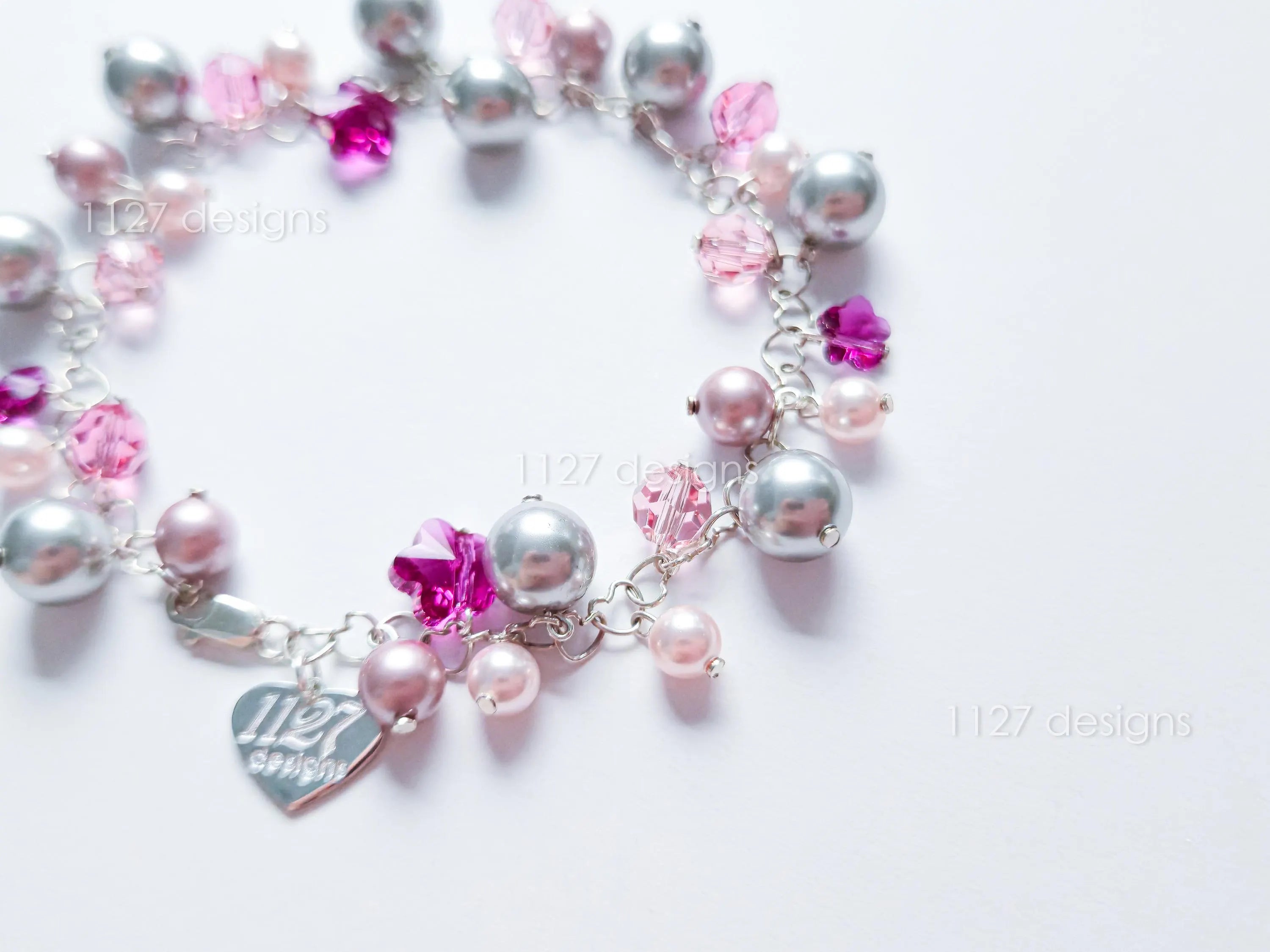 Pink Sakura Flower Swarovski Cluster Handmade Bracelet • Sterling Silver Heart Chain • Gift Jewelry • 1127 Designs