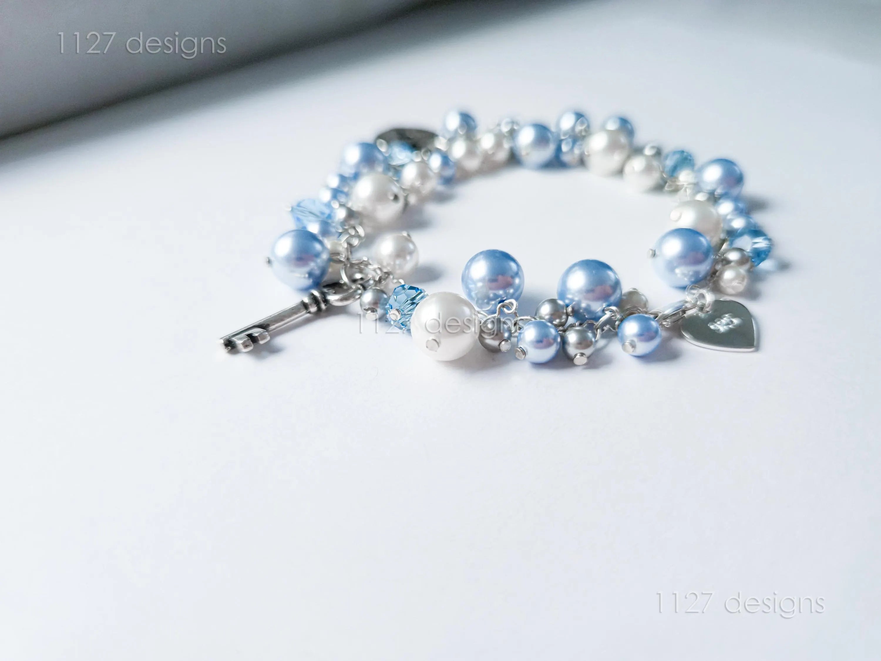Lock & Key Swarovski Cluster Bracelet • Icy Blue White Pearls & Crystals • Sterling Silver Heart Chain • 1127 Designs