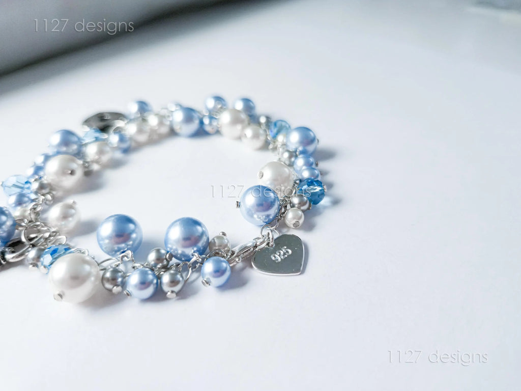 Lock & Key Swarovski Cluster Bracelet • Icy Blue White Pearls & Crystals • Sterling Silver Heart Chain • 1127 Designs