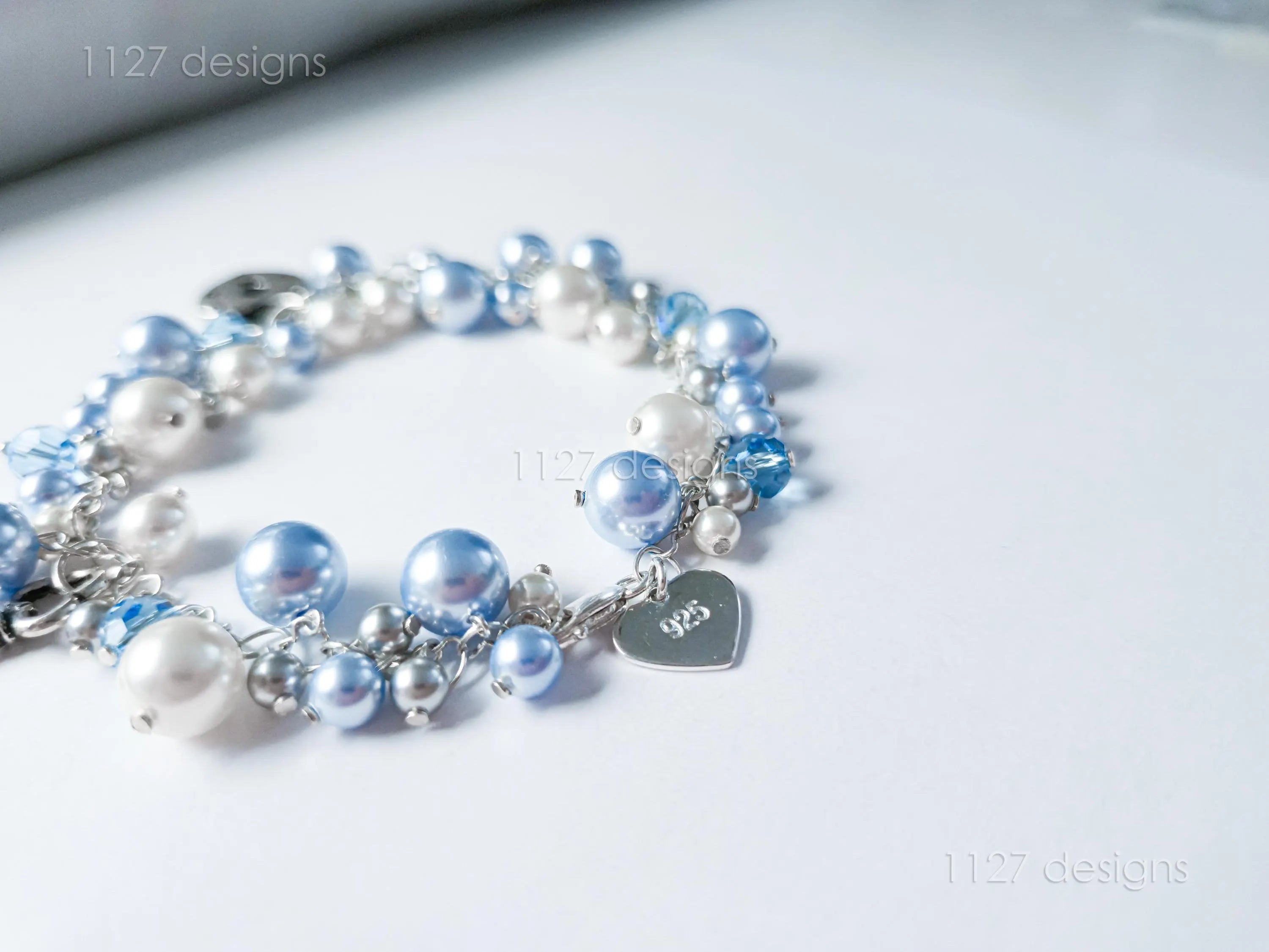 Lock & Key Swarovski Cluster Bracelet • Icy Blue White Pearls & Crystals • Sterling Silver Heart Chain • 1127 Designs