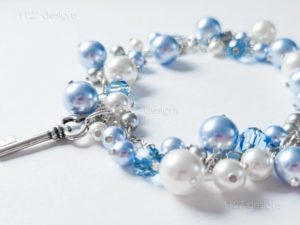 Lock & Key Swarovski Cluster Bracelet • Icy Blue White Pearls & Crystals • Sterling Silver Heart Chain • 1127 Designs