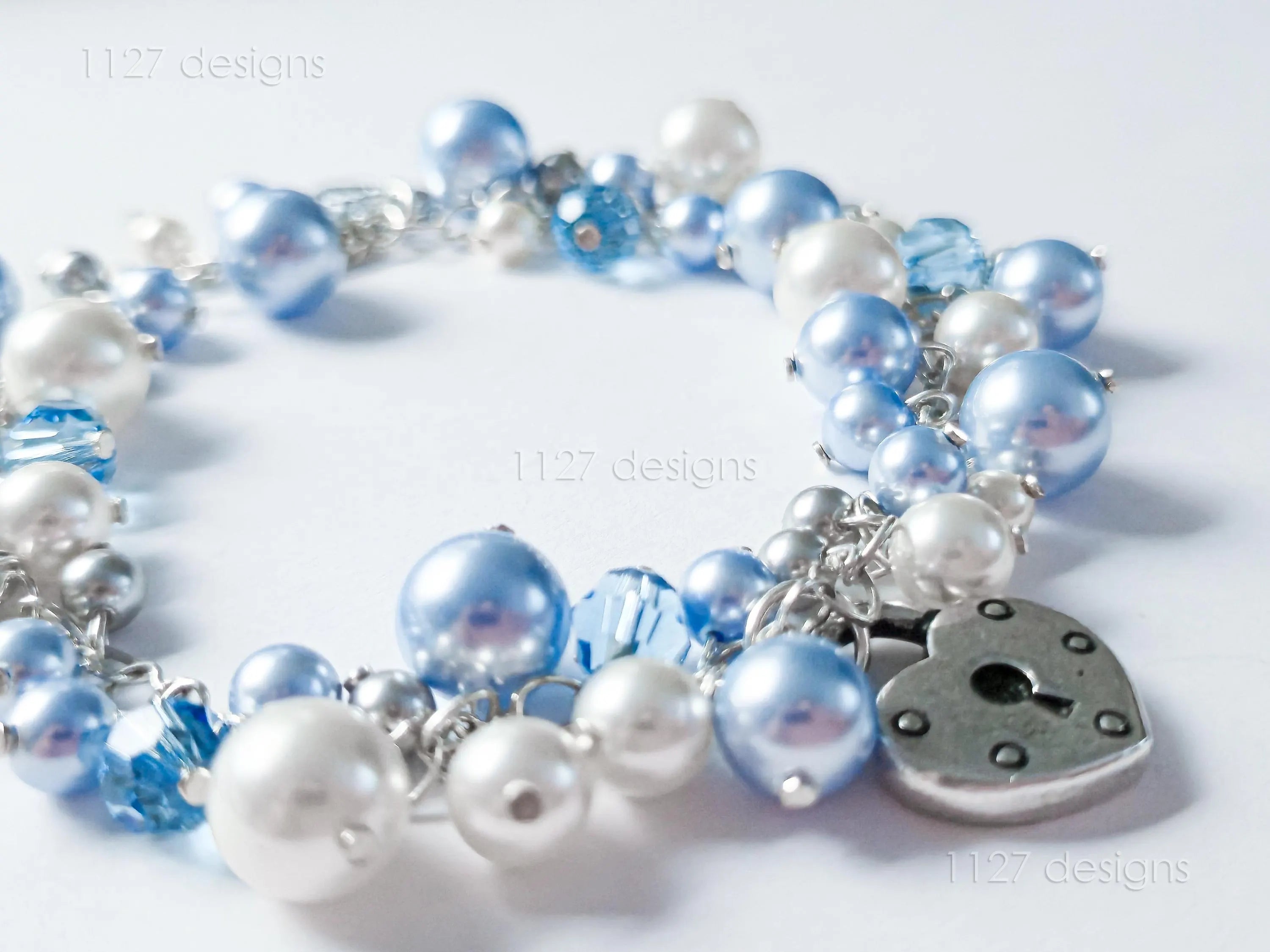 Lock & Key Swarovski Cluster Bracelet • Icy Blue White Pearls & Crystals • Sterling Silver Heart Chain • 1127 Designs