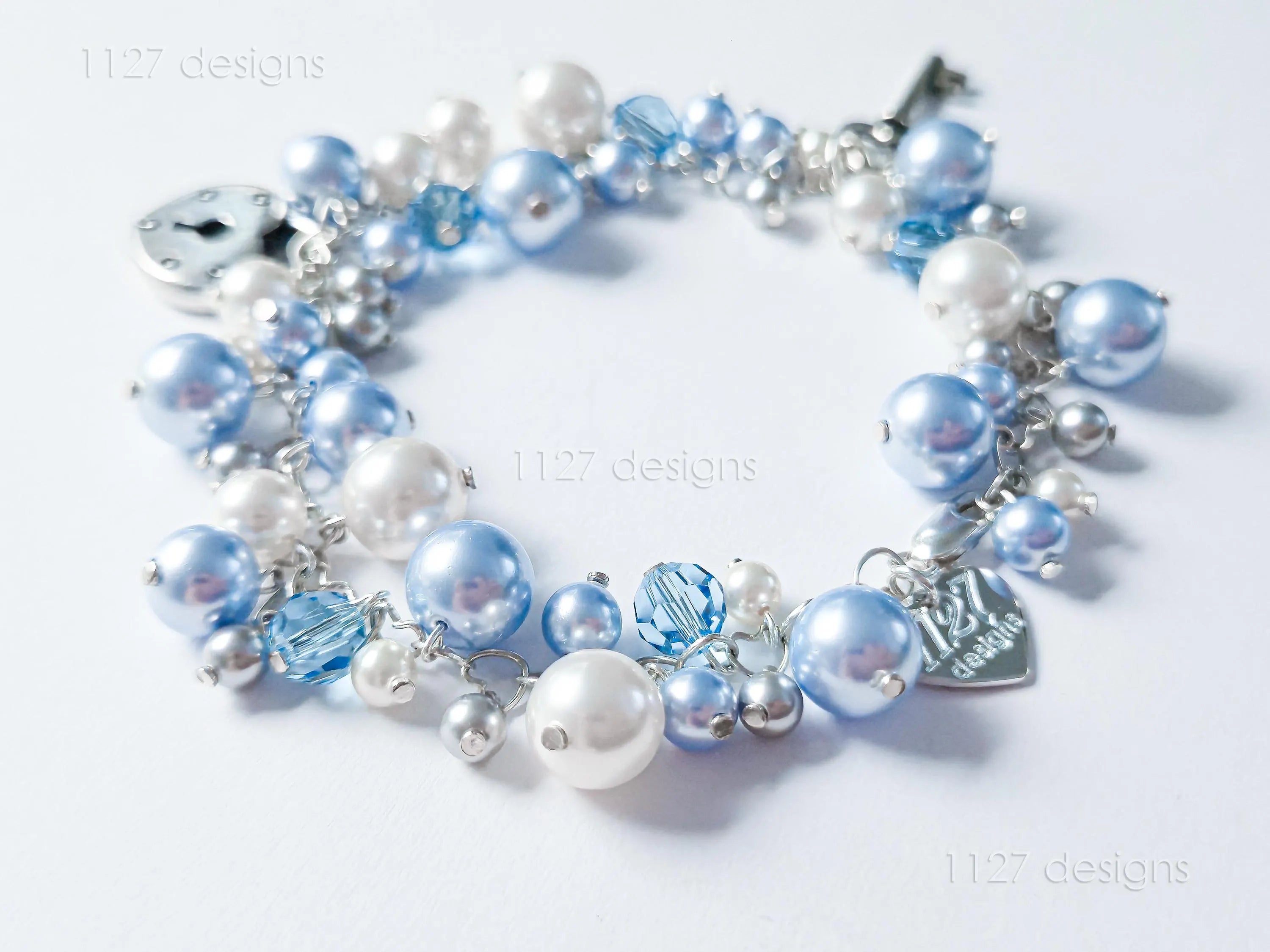 Lock & Key Swarovski Cluster Bracelet • Icy Blue White Pearls & Crystals • Sterling Silver Heart Chain • 1127 Designs