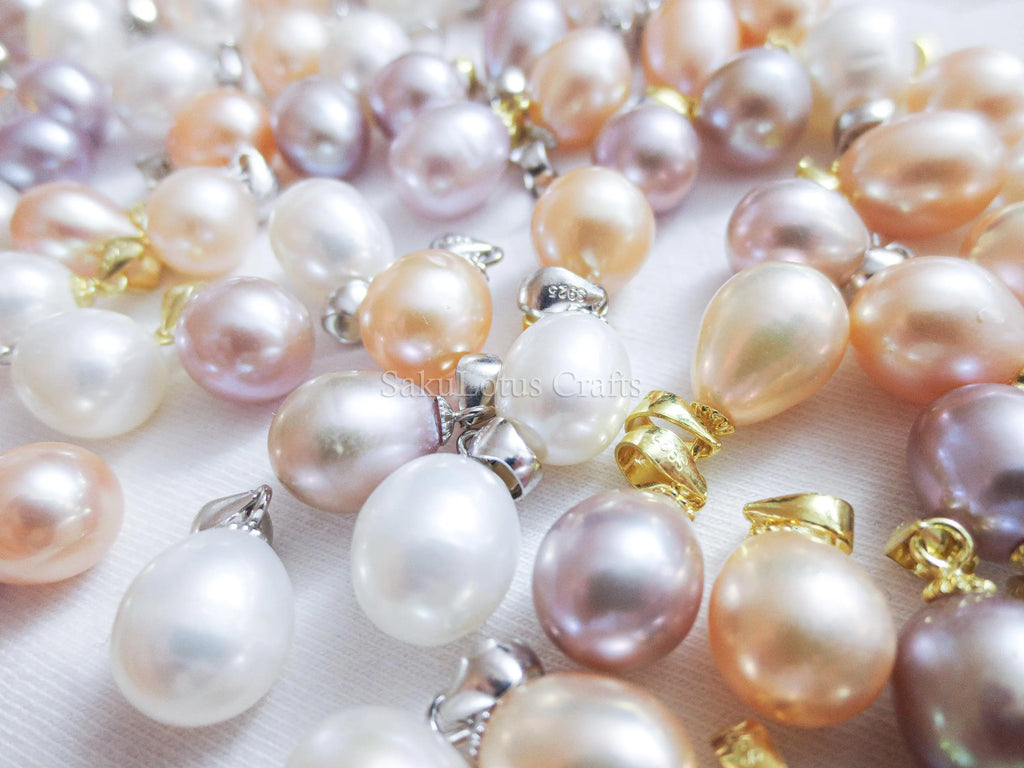 9-10mm Freshwater Pearl Pendant • 925 Sterling Silver Flower Cap Bail • White Peach Purple • Gold Rose Vermeil