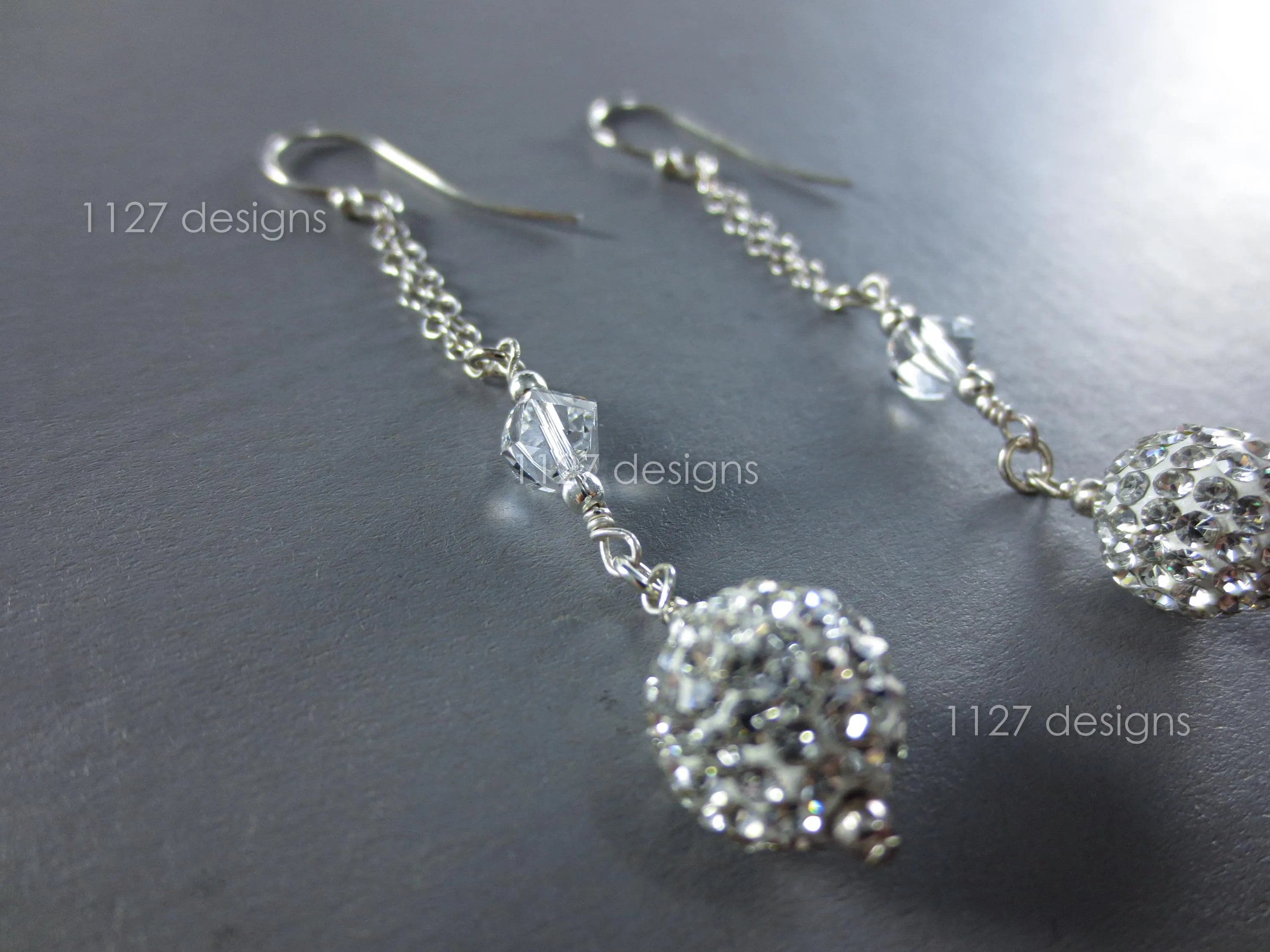 925 Sterling Silver Drop Earrings • Handmade Swarovski Crystal & Pavé Bead • 7cm Long Dangle Chain • Sparkly Modern Jewelry • 1127 Designs