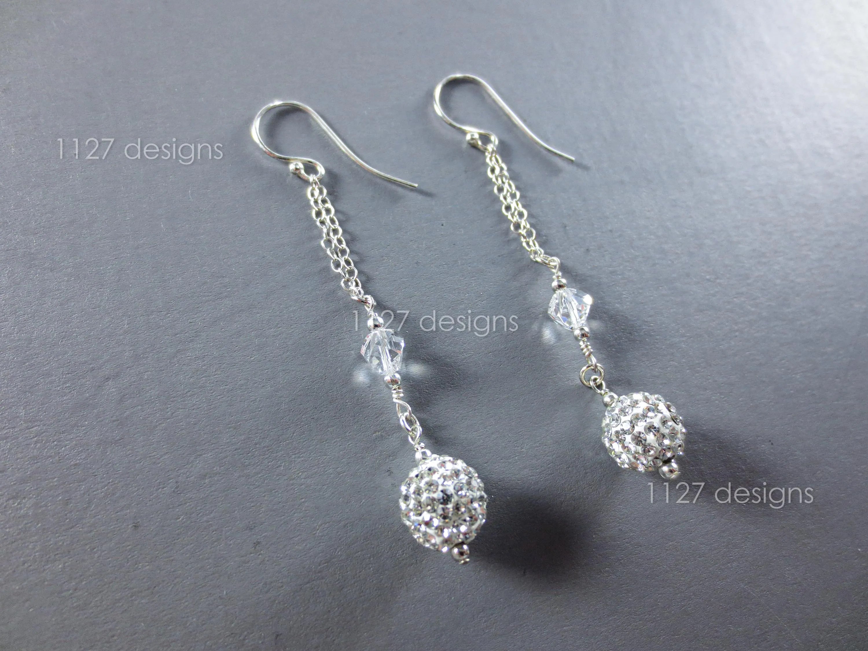 925 Sterling Silver Drop Earrings • Handmade Swarovski Crystal & Pavé Bead • 7cm Long Dangle Chain • Sparkly Modern Jewelry • 1127 Designs