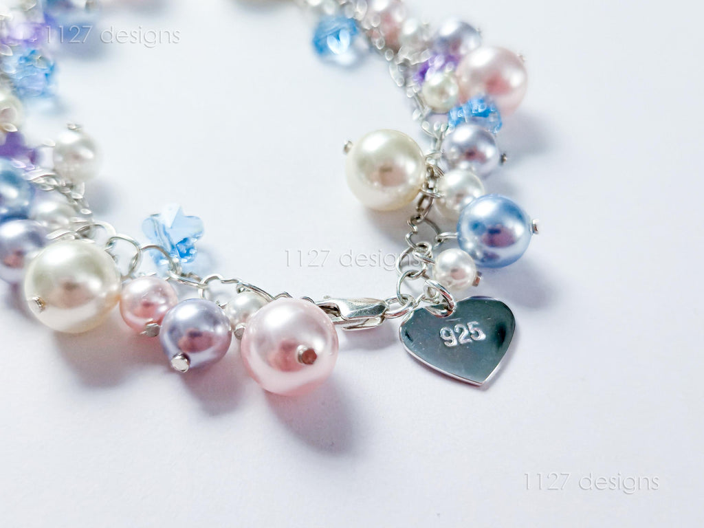 Sakura Blossom Pastels • Swarovski Pearl & Crystal Handmade Cluster Bracelet • 925 Sterling Silver Heart Chain • 1127 Designs