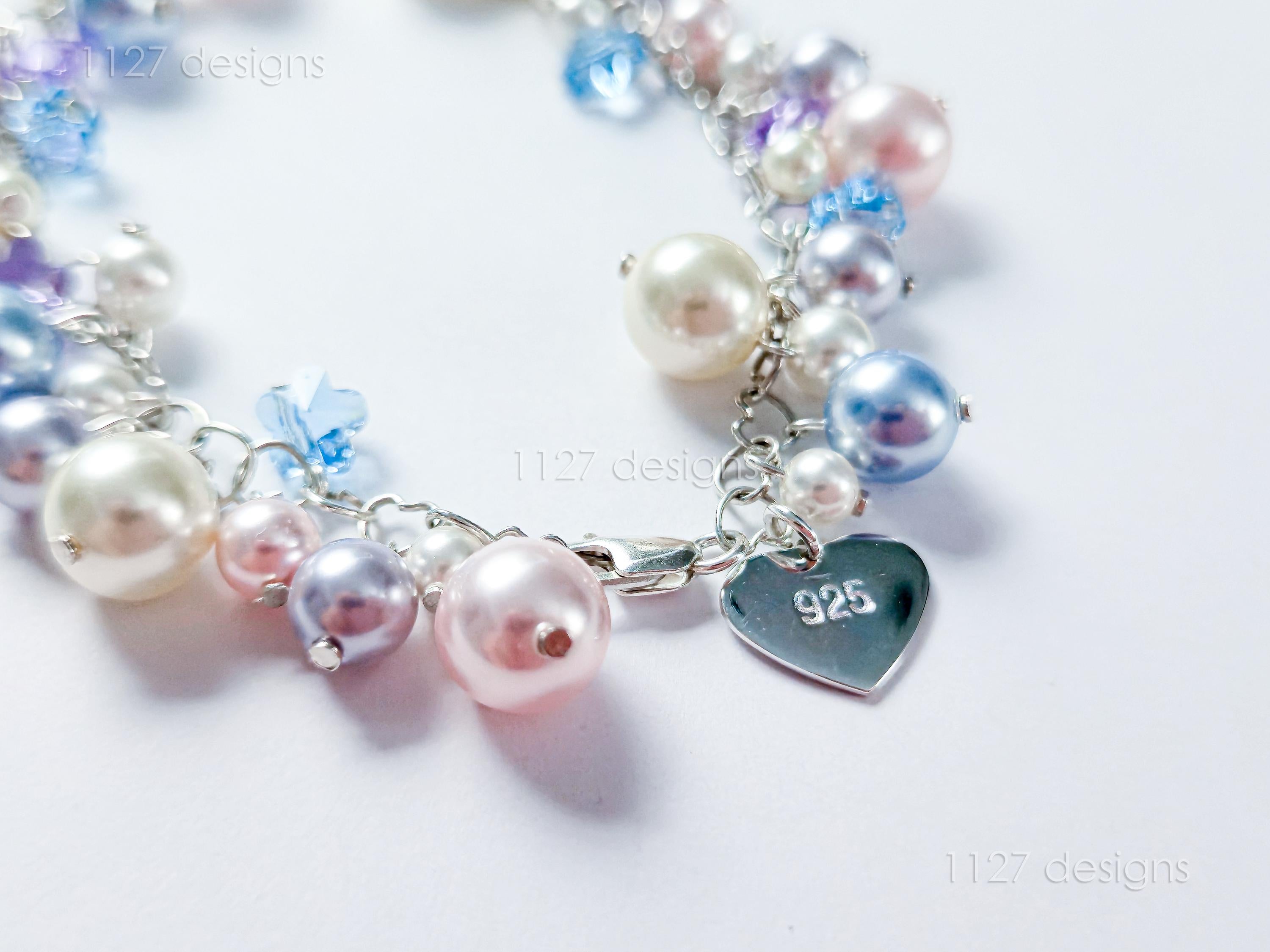 Sakura Blossom Pastels • Swarovski Pearl & Crystal Handmade Cluster Bracelet • 925 Sterling Silver Heart Chain • 1127 Designs