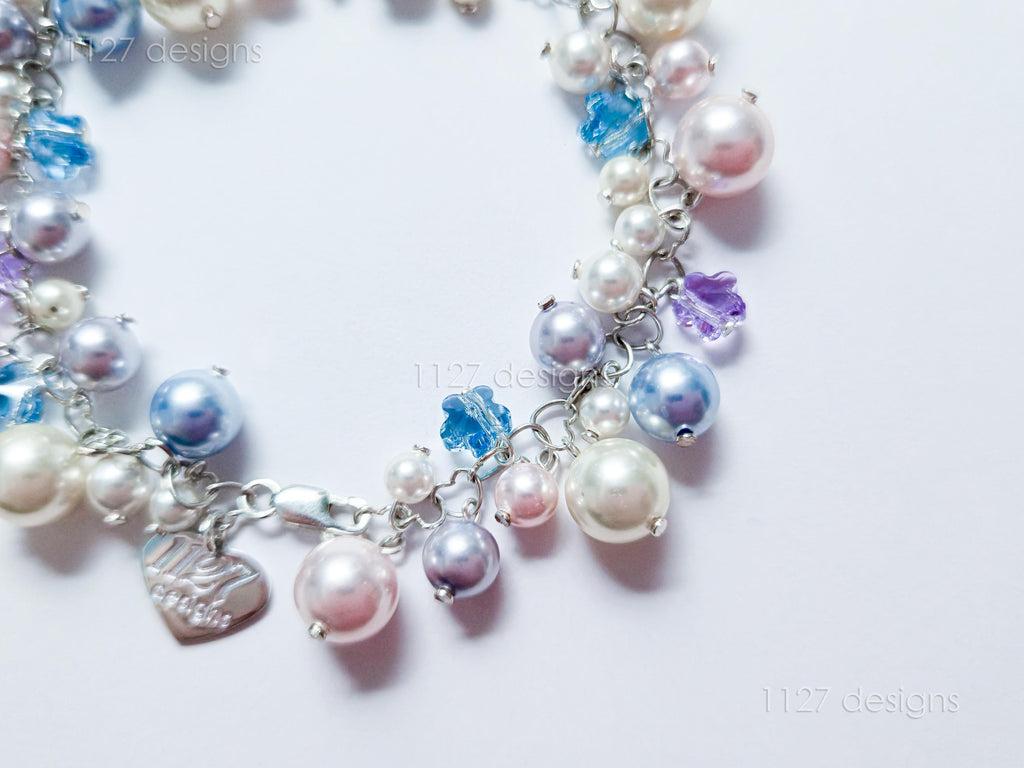 Sakura Blossom Pastels • Swarovski Pearl & Crystal Handmade Cluster Bracelet • 925 Sterling Silver Heart Chain • 1127 Designs