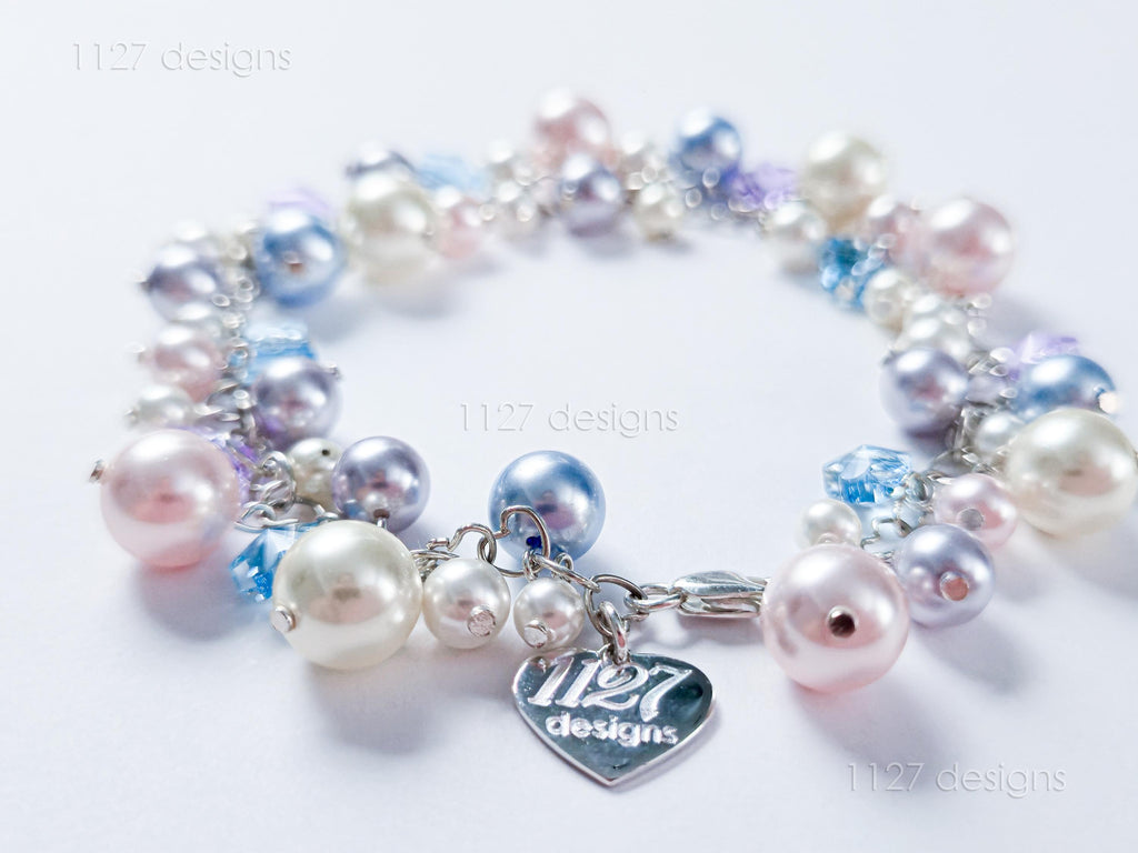 Sakura Blossom Pastels • Swarovski Pearl & Crystal Handmade Cluster Bracelet • 925 Sterling Silver Heart Chain • 1127 Designs
