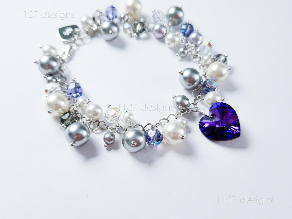 Swarovski Pearl & Crystal Handmade Cluster Bracelet • Purple Heart Charm • Sterling Silver Heart Chain • 1127 Designs