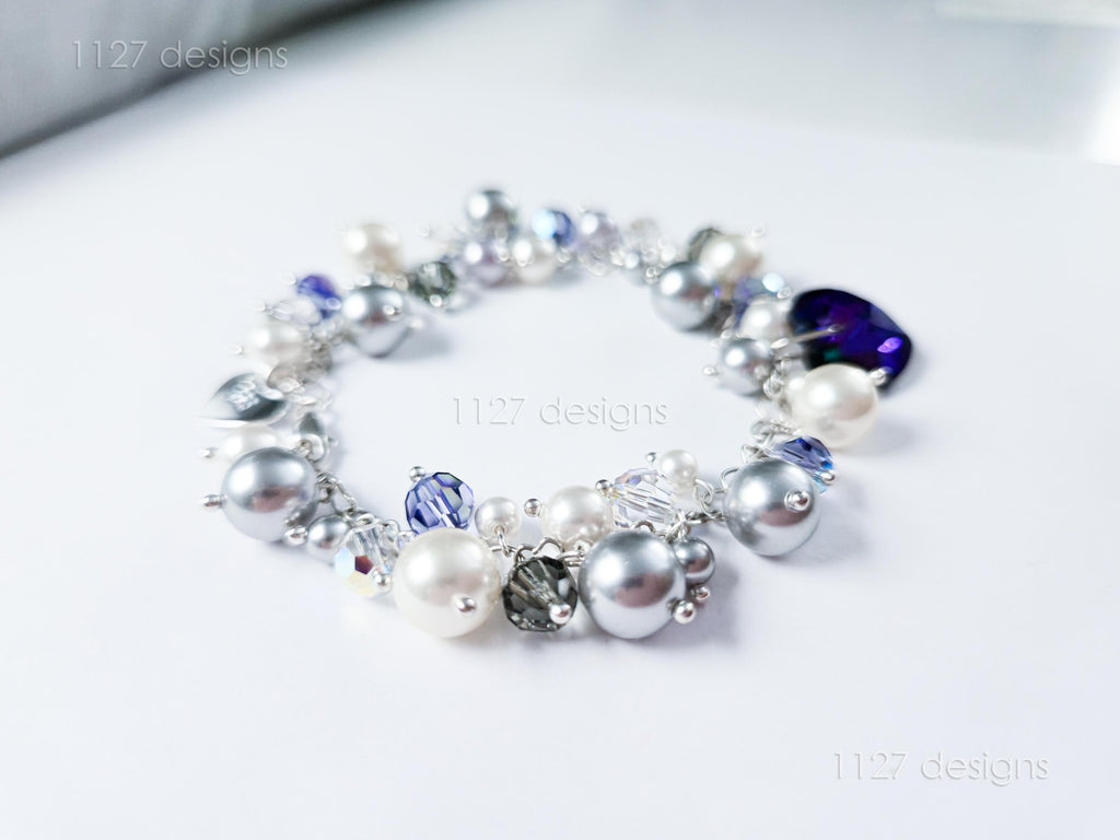 Swarovski Pearl & Crystal Handmade Cluster Bracelet • Purple Heart Charm • Sterling Silver Heart Chain • 1127 Designs