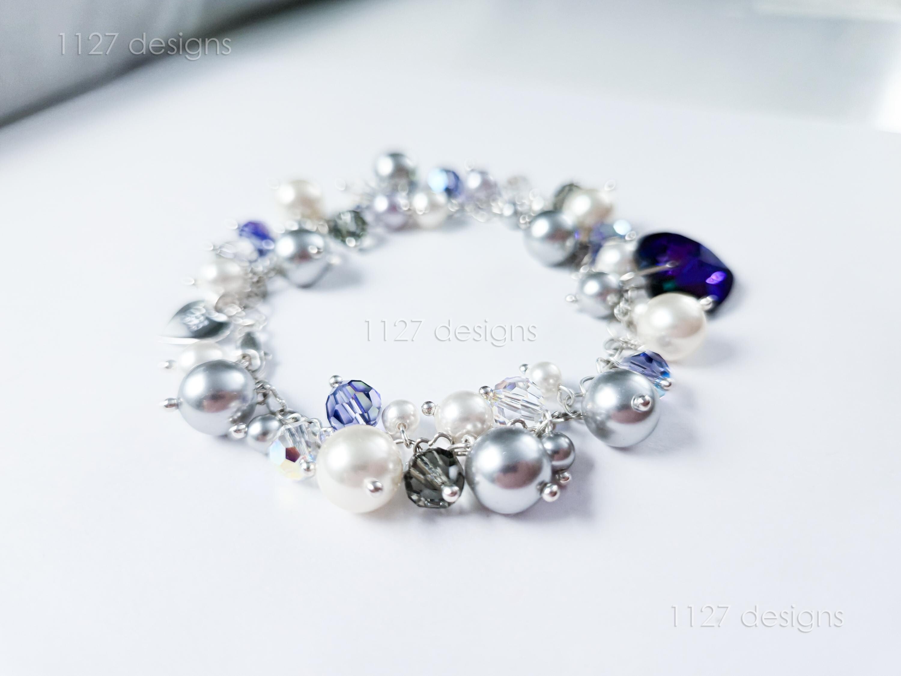 Swarovski Pearl & Crystal Handmade Cluster Bracelet • Purple Heart Charm • Sterling Silver Heart Chain • 1127 Designs