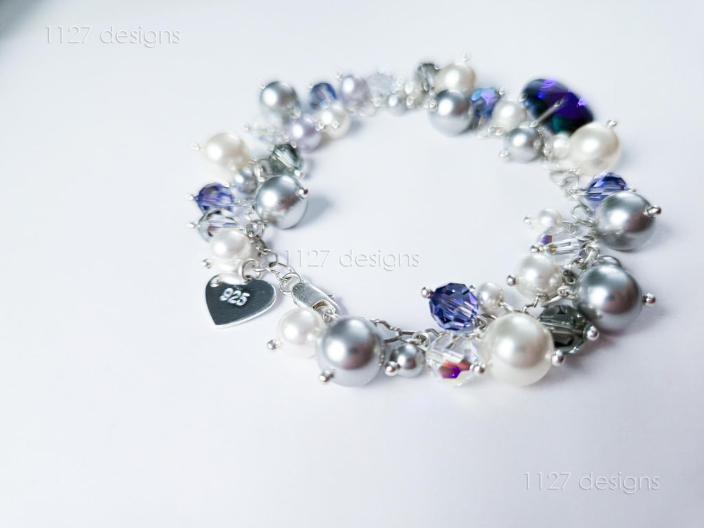 Swarovski Pearl & Crystal Handmade Cluster Bracelet • Purple Heart Charm • Sterling Silver Heart Chain • 1127 Designs