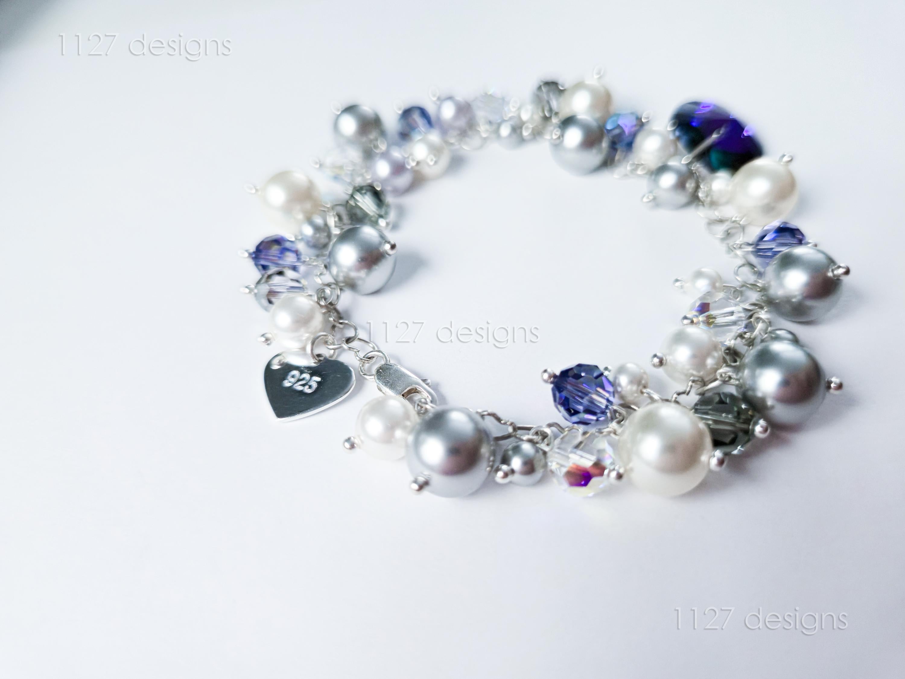 Swarovski Pearl & Crystal Handmade Cluster Bracelet • Purple Heart Charm • Sterling Silver Heart Chain • 1127 Designs