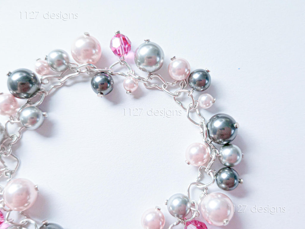 Swarovski Pearl & Crystal Handmade Cluster Bracelet • Pink Silver Charcoal • 925 Sterling Silver Heart Chain • 1127 Designs