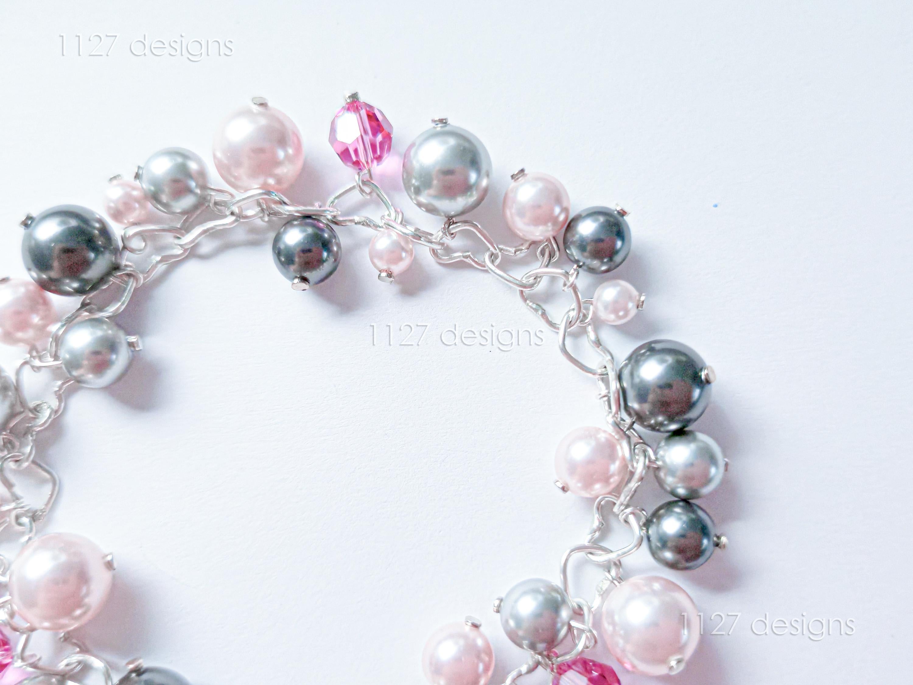 Swarovski Pearl & Crystal Handmade Cluster Bracelet • Pink Silver Charcoal • 925 Sterling Silver Heart Chain • 1127 Designs