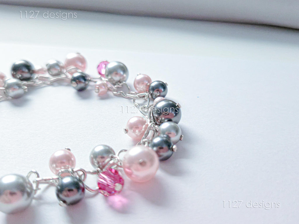 Swarovski Pearl & Crystal Handmade Cluster Bracelet • Pink Silver Charcoal • 925 Sterling Silver Heart Chain • 1127 Designs
