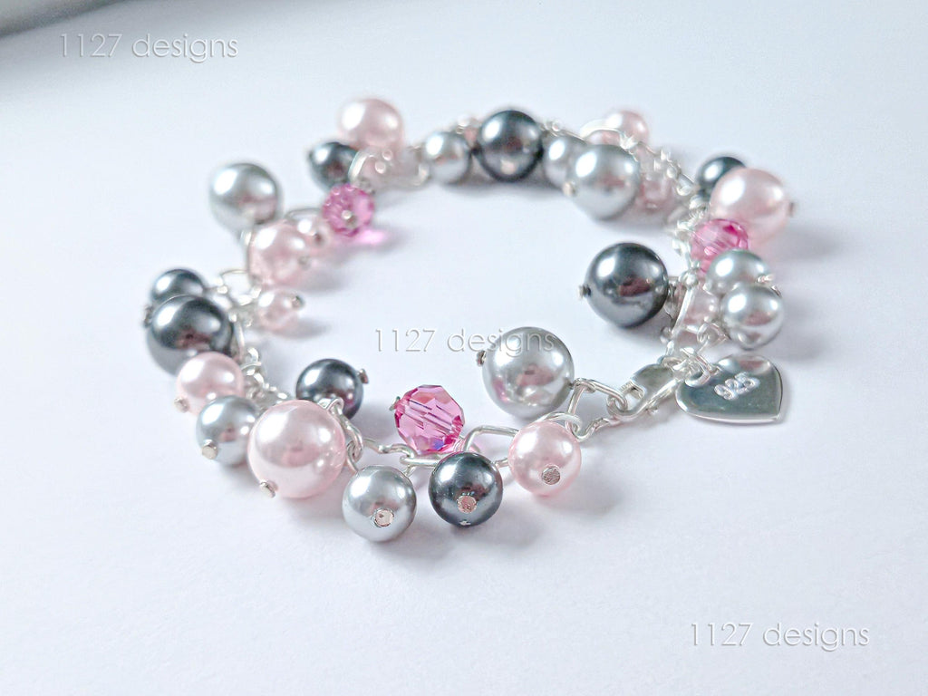 Swarovski Pearl & Crystal Handmade Cluster Bracelet • Pink Silver Charcoal • 925 Sterling Silver Heart Chain • 1127 Designs