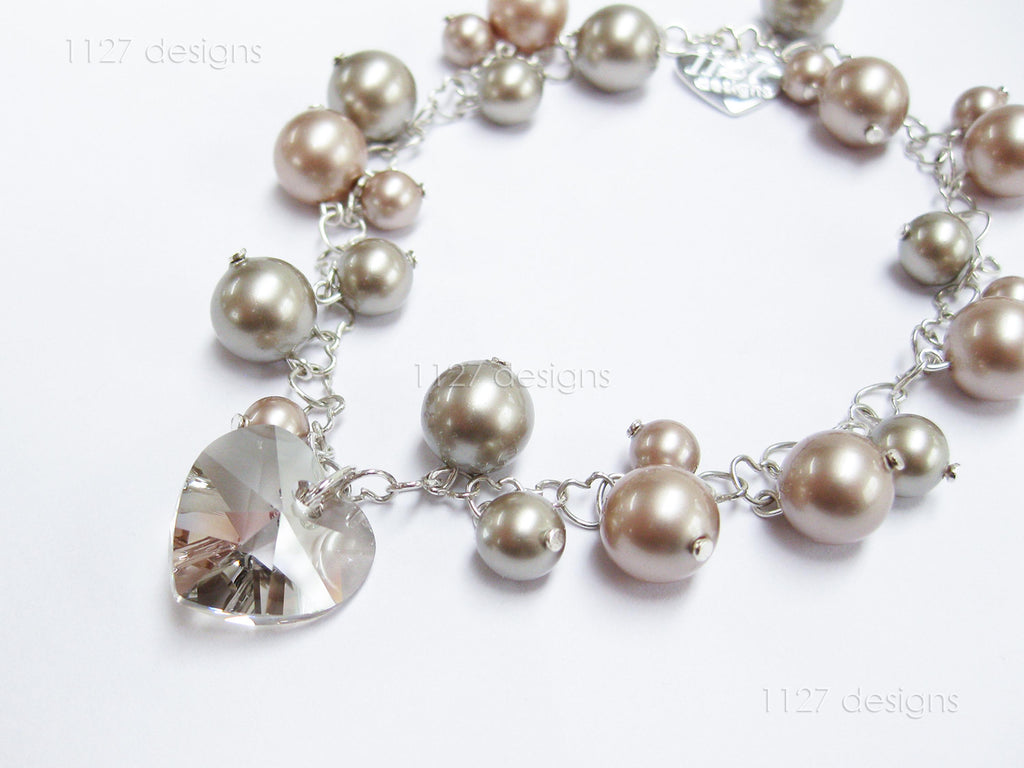 Swarovski Pearl & Heart Crystal Cluster Bracelet • Soft Taupe Greige • 925 Sterling Silver Heart Chain • 1127 Designs