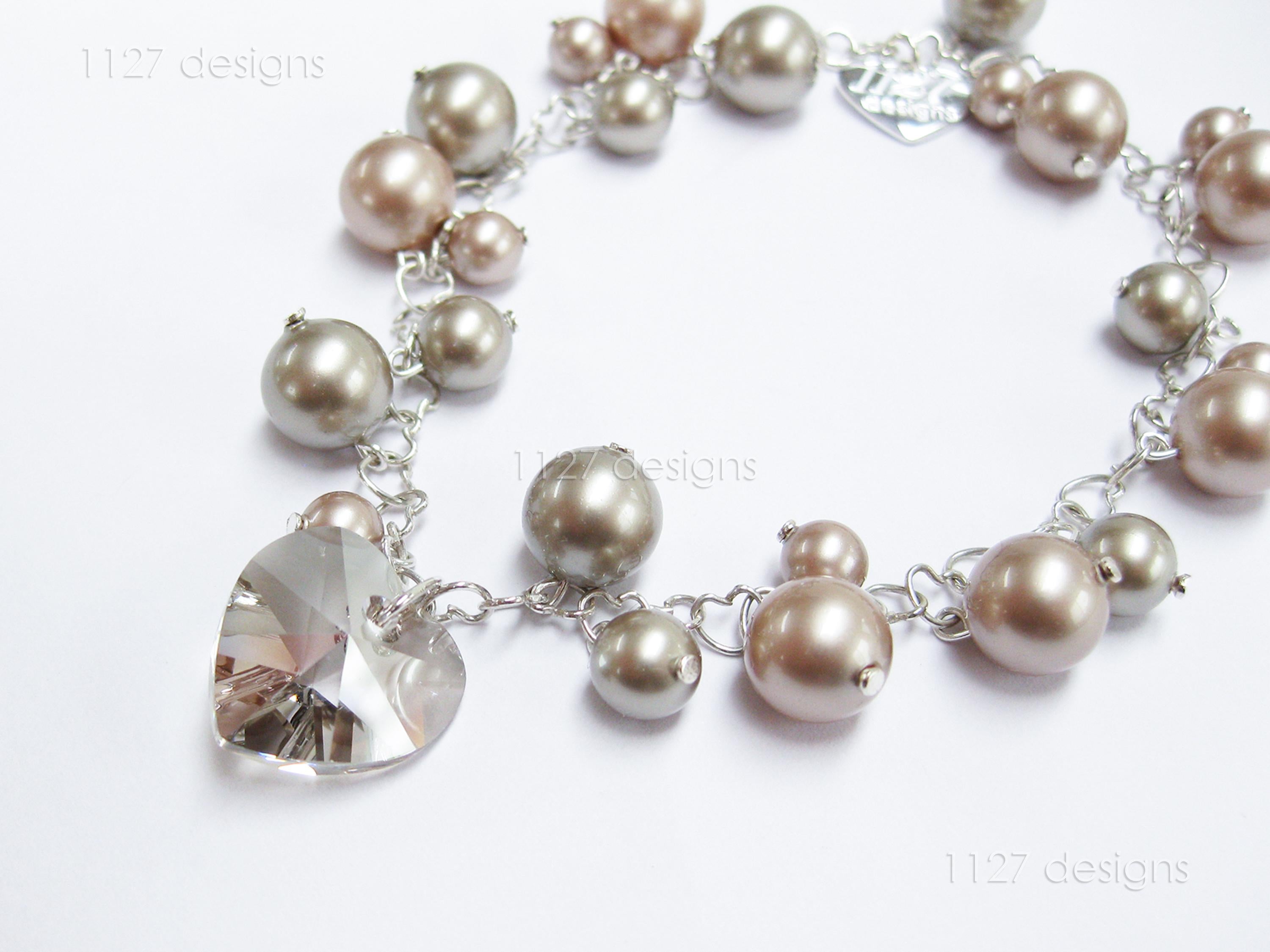 Swarovski Pearl & Heart Crystal Cluster Bracelet • Soft Taupe Greige • 925 Sterling Silver Heart Chain • 1127 Designs