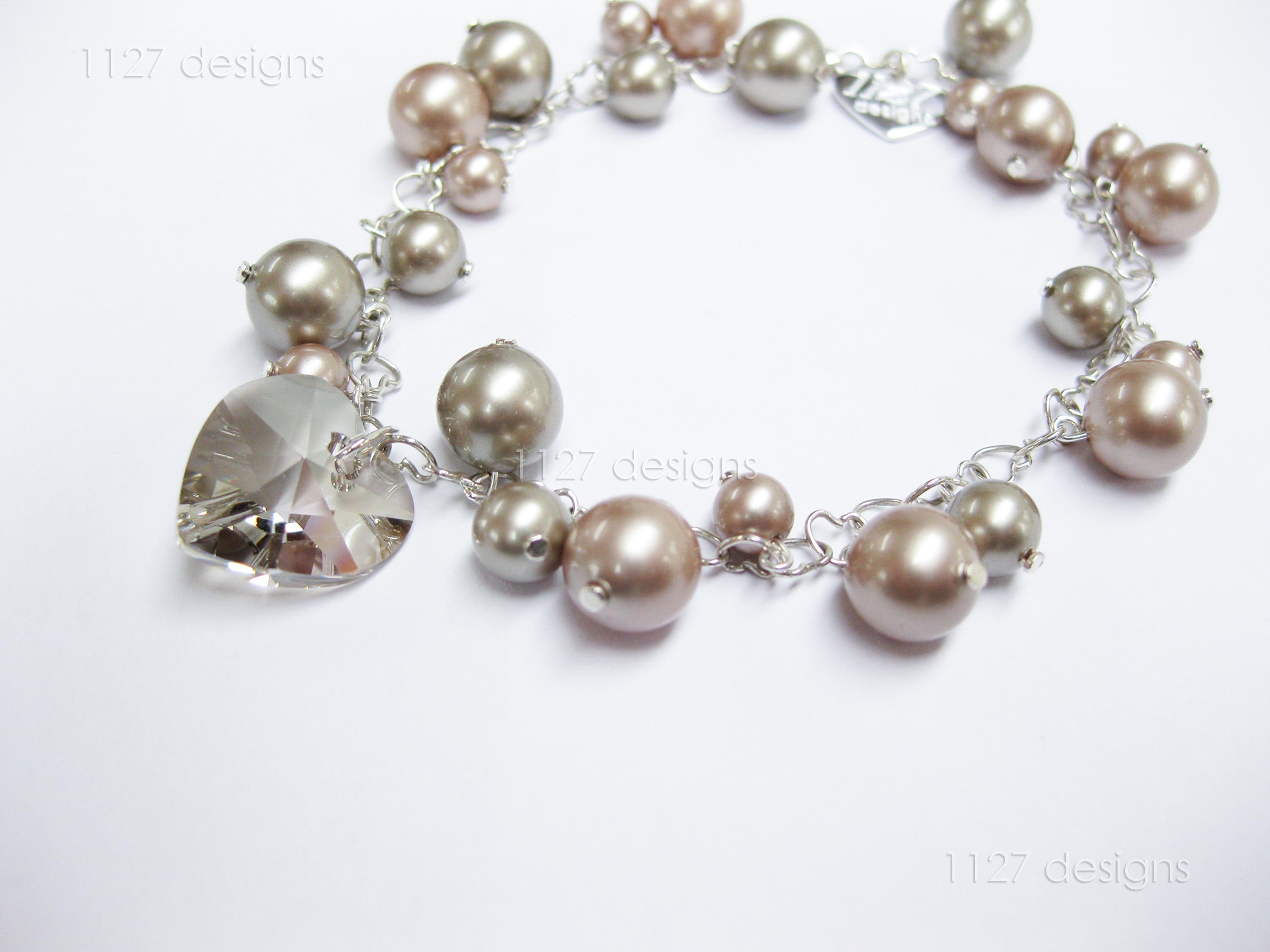 Swarovski Pearl & Heart Crystal Cluster Bracelet • Soft Taupe Greige • 925 Sterling Silver Heart Chain • 1127 Designs