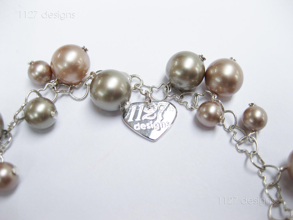 Swarovski Pearl & Heart Crystal Cluster Bracelet • Soft Taupe Greige • 925 Sterling Silver Heart Chain • 1127 Designs