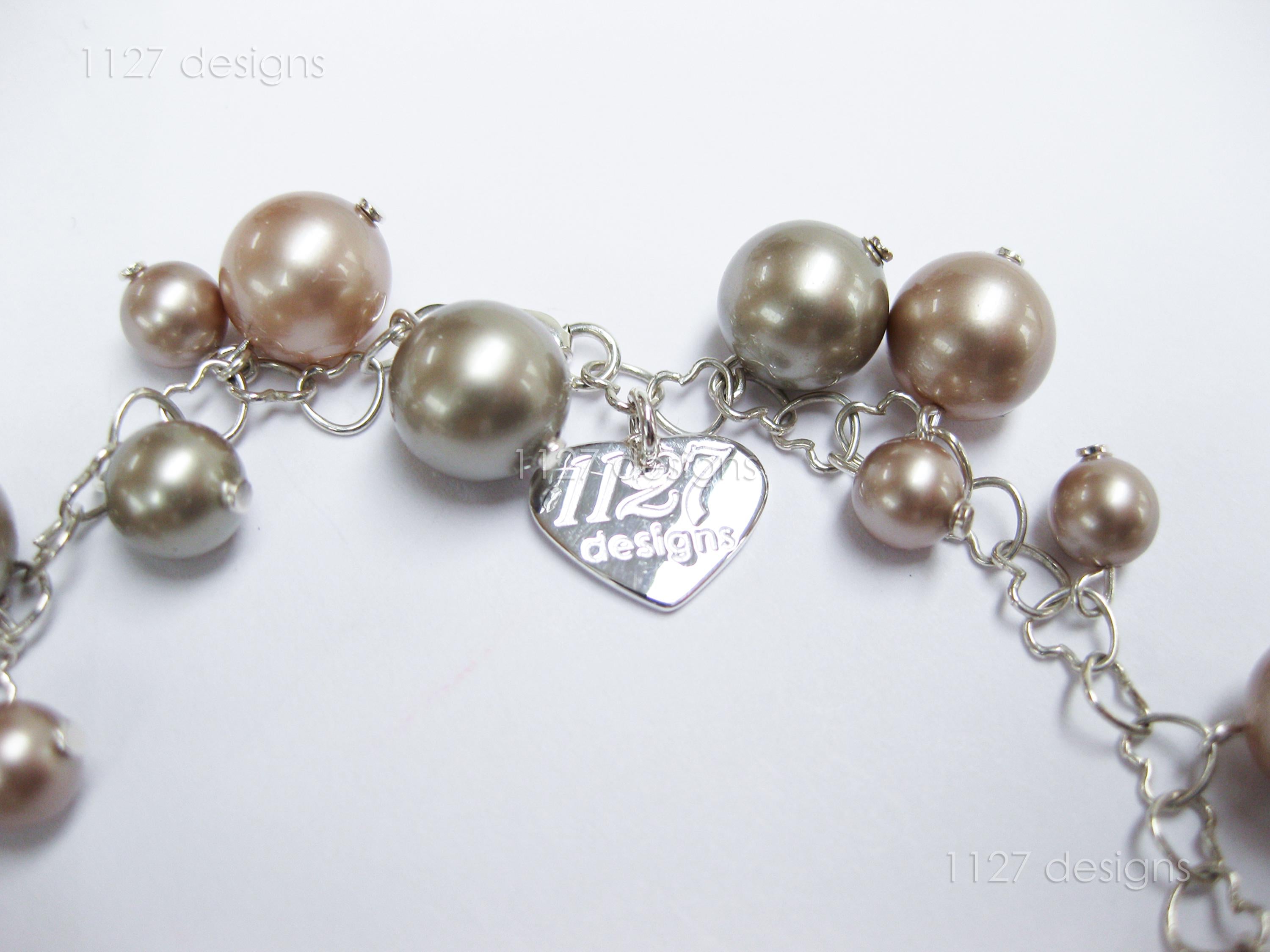 Swarovski Pearl & Heart Crystal Cluster Bracelet • Soft Taupe Greige • 925 Sterling Silver Heart Chain • 1127 Designs