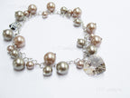 Swarovski Pearl & Heart Crystal Cluster Bracelet • Soft Taupe Greige • 925 Sterling Silver Heart Chain • 1127 Designs