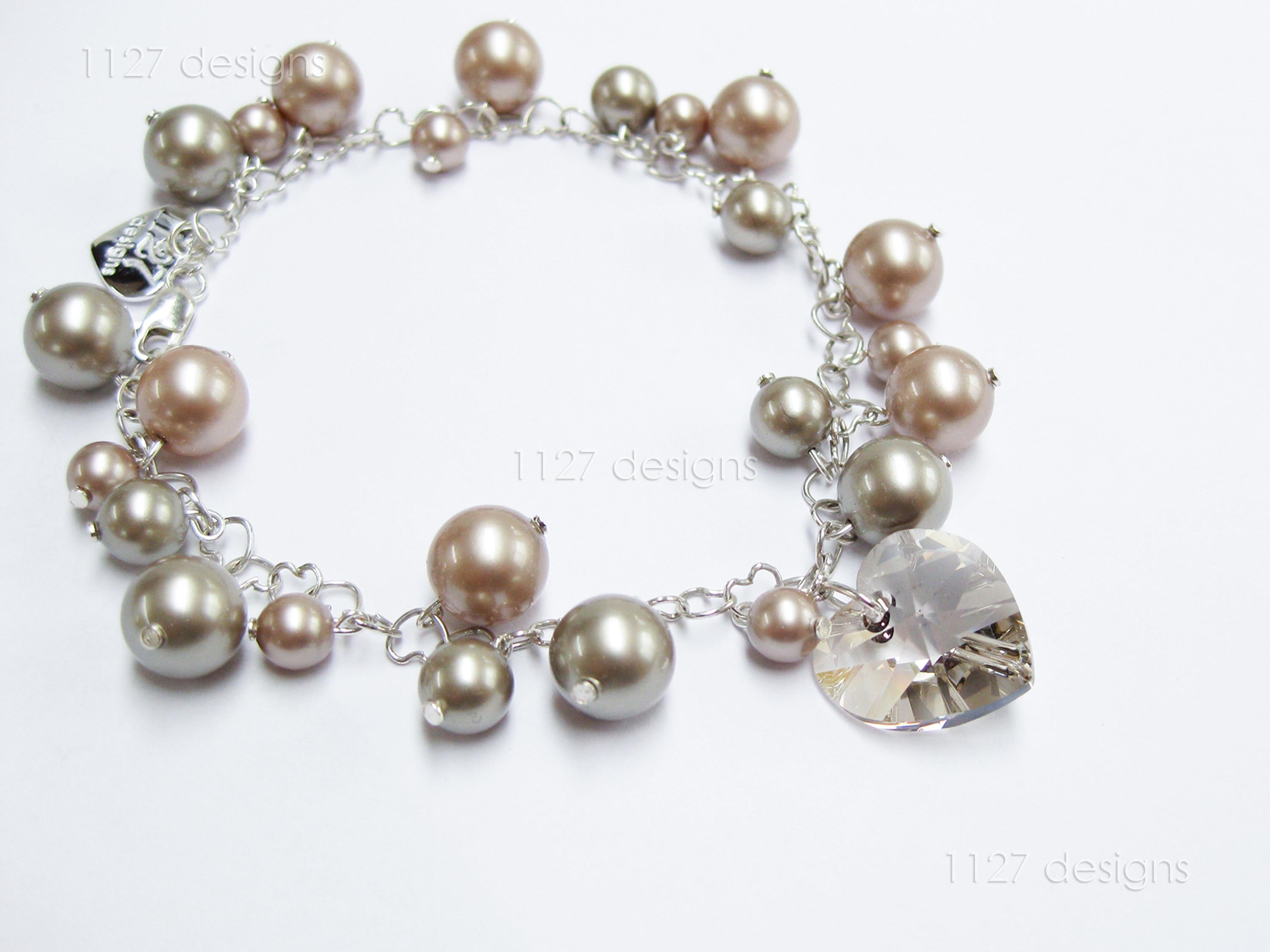 Swarovski Pearl & Heart Crystal Cluster Bracelet • Soft Taupe Greige • 925 Sterling Silver Heart Chain • 1127 Designs