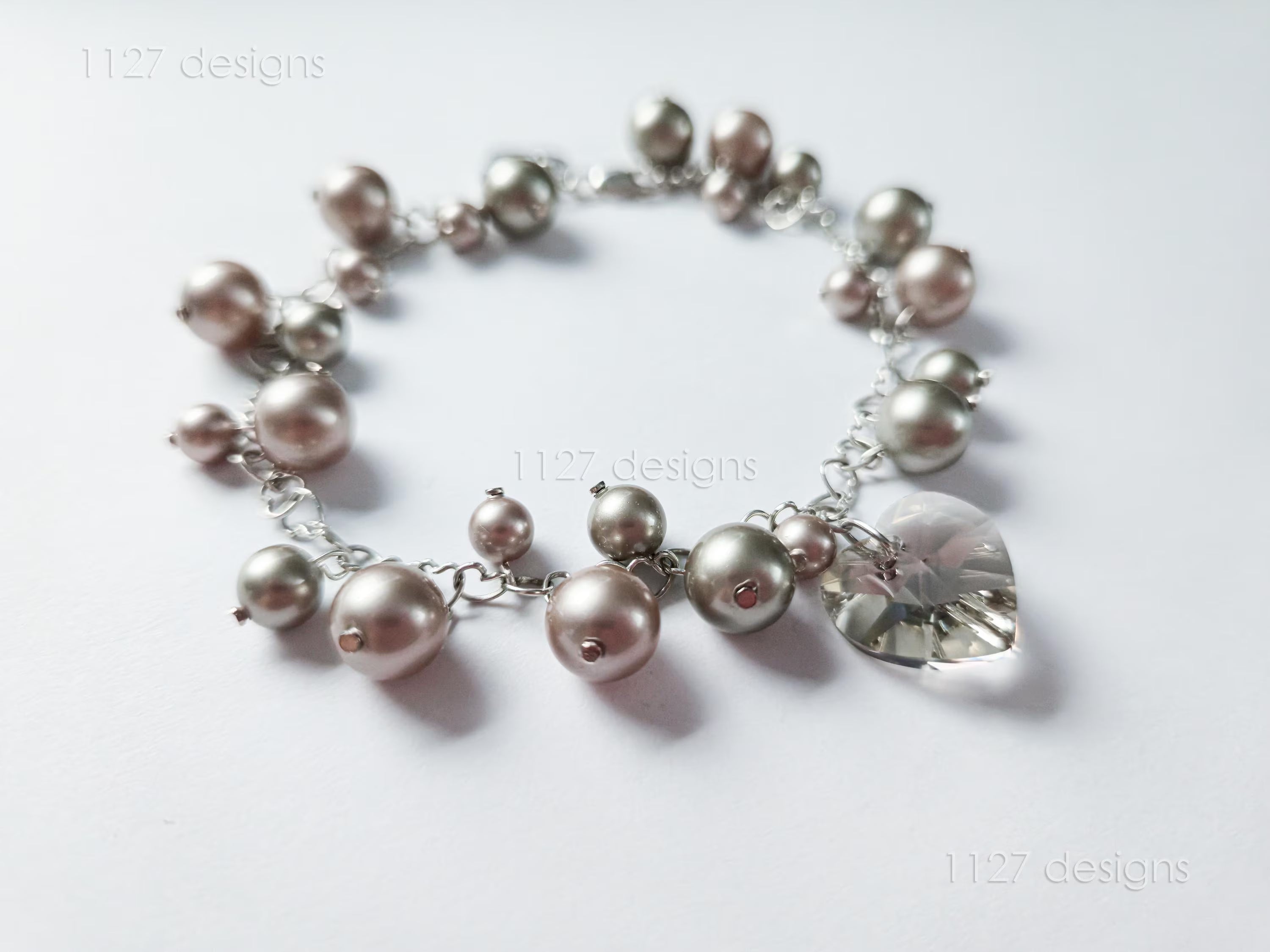 Swarovski Pearl & Heart Crystal Cluster Bracelet • Soft Taupe Greige • 925 Sterling Silver Heart Chain • 1127 Designs