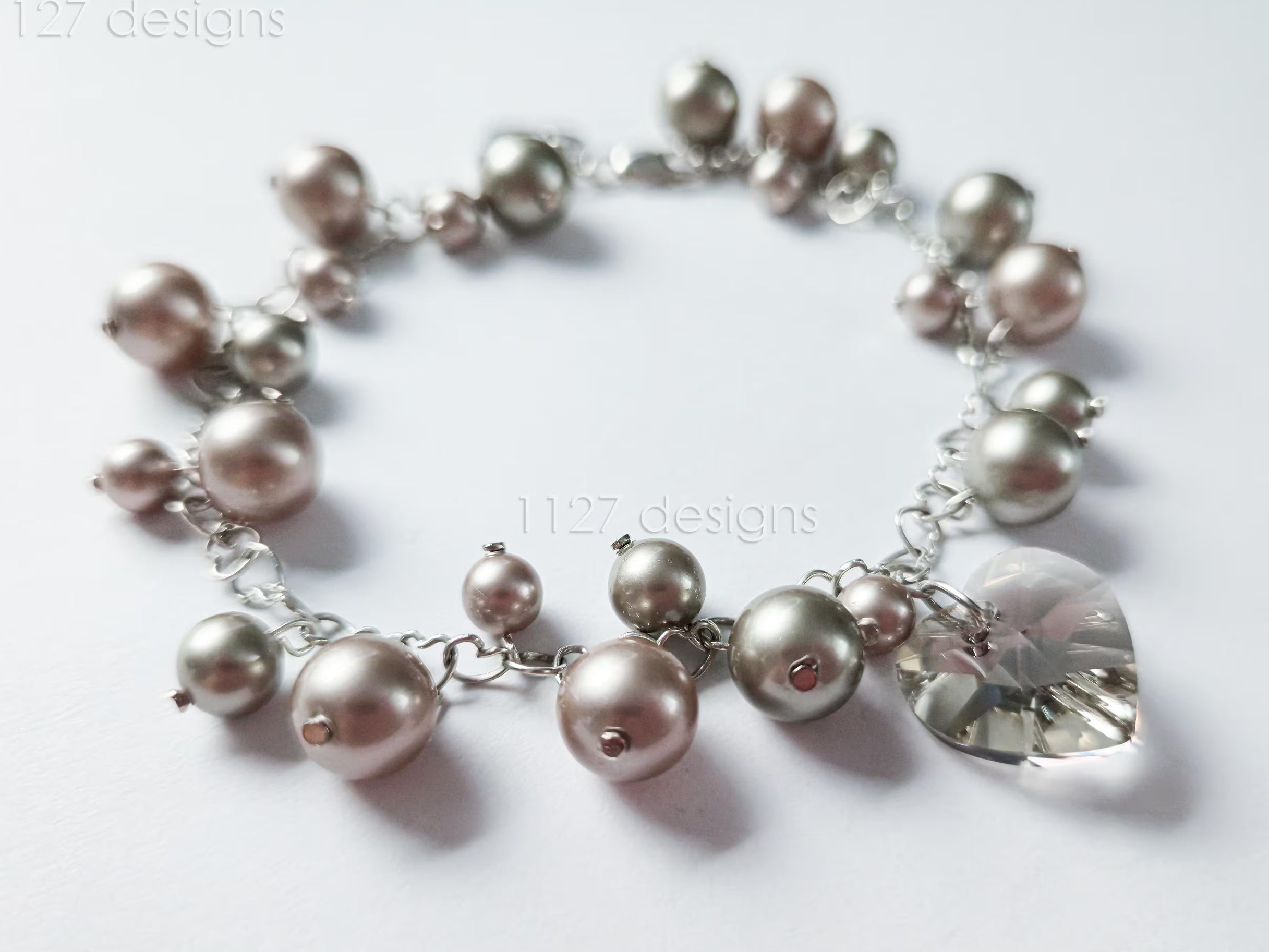 Swarovski Pearl & Heart Crystal Cluster Bracelet • Soft Taupe Greige • 925 Sterling Silver Heart Chain • 1127 Designs