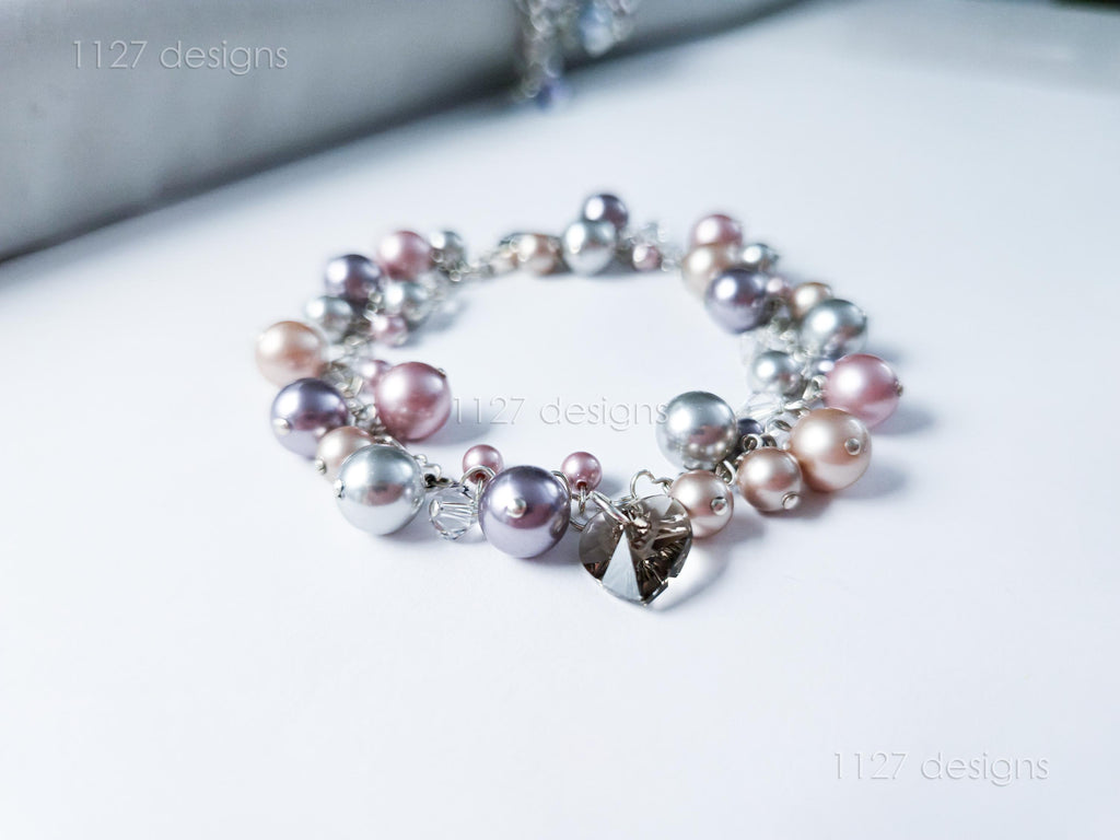 Swarovski Pearl & Heart Crystal Handmade Cluster Bracelet • Pink Taupe Mauve • 925 Sterling Silver Heart Chain • 1127 Designs